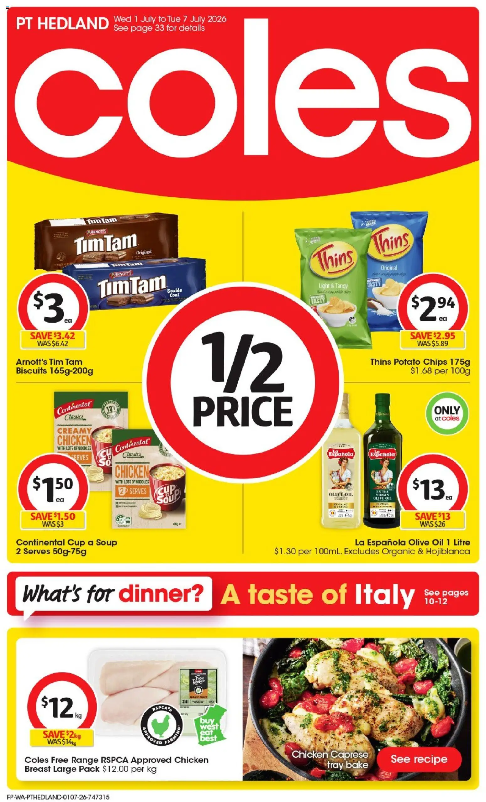 Preview of catalogue Coles catalogue PT Hedland from shop Coles valid 01/07/2026 - Light, Oil, Chicken, Chips, Olive oil, Biscuits, Coat, Soup