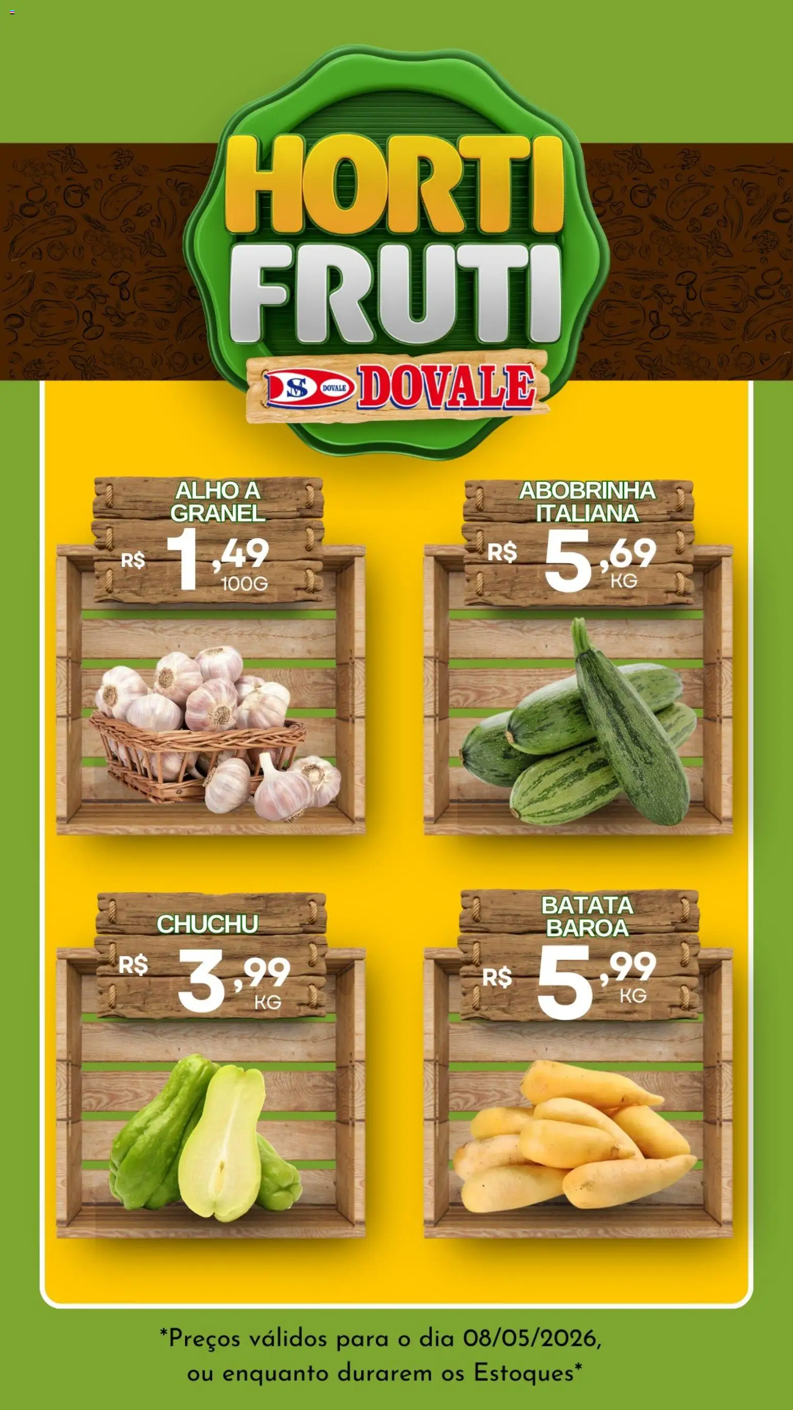 Pré-Visualização do folheto "Dovale ofertas Hortifruti" da loja Dovale válido a partir de 08/05/2026 - Chuchu, Batata, Abobrinha, Alho