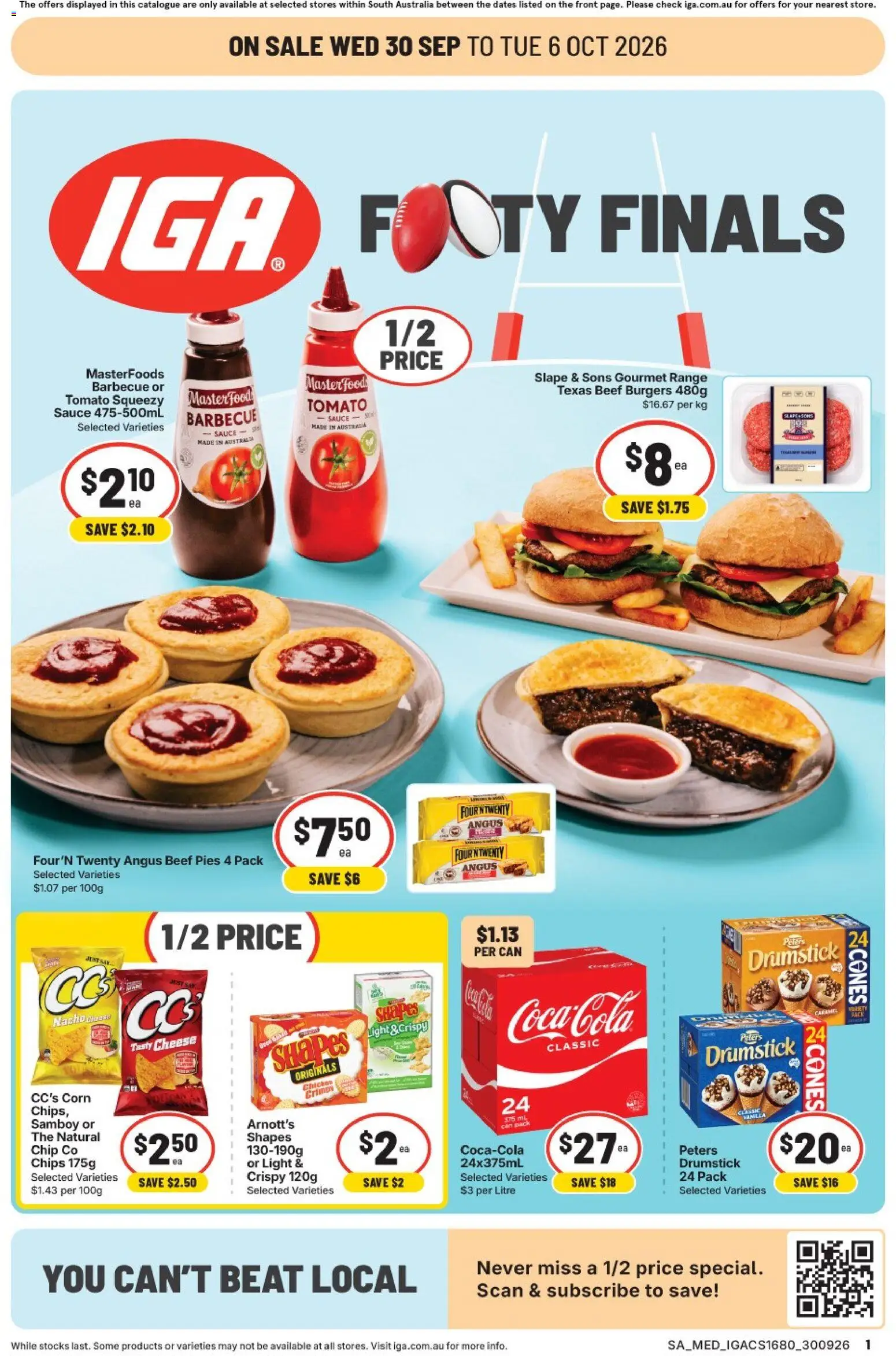 Preview of catalogue IGA catalogue Leabrook from shop IGA valid 30/09/2026 - Corn, Light, Cheese, Burgers, Chips, Sauce, Tomato, Vanilla