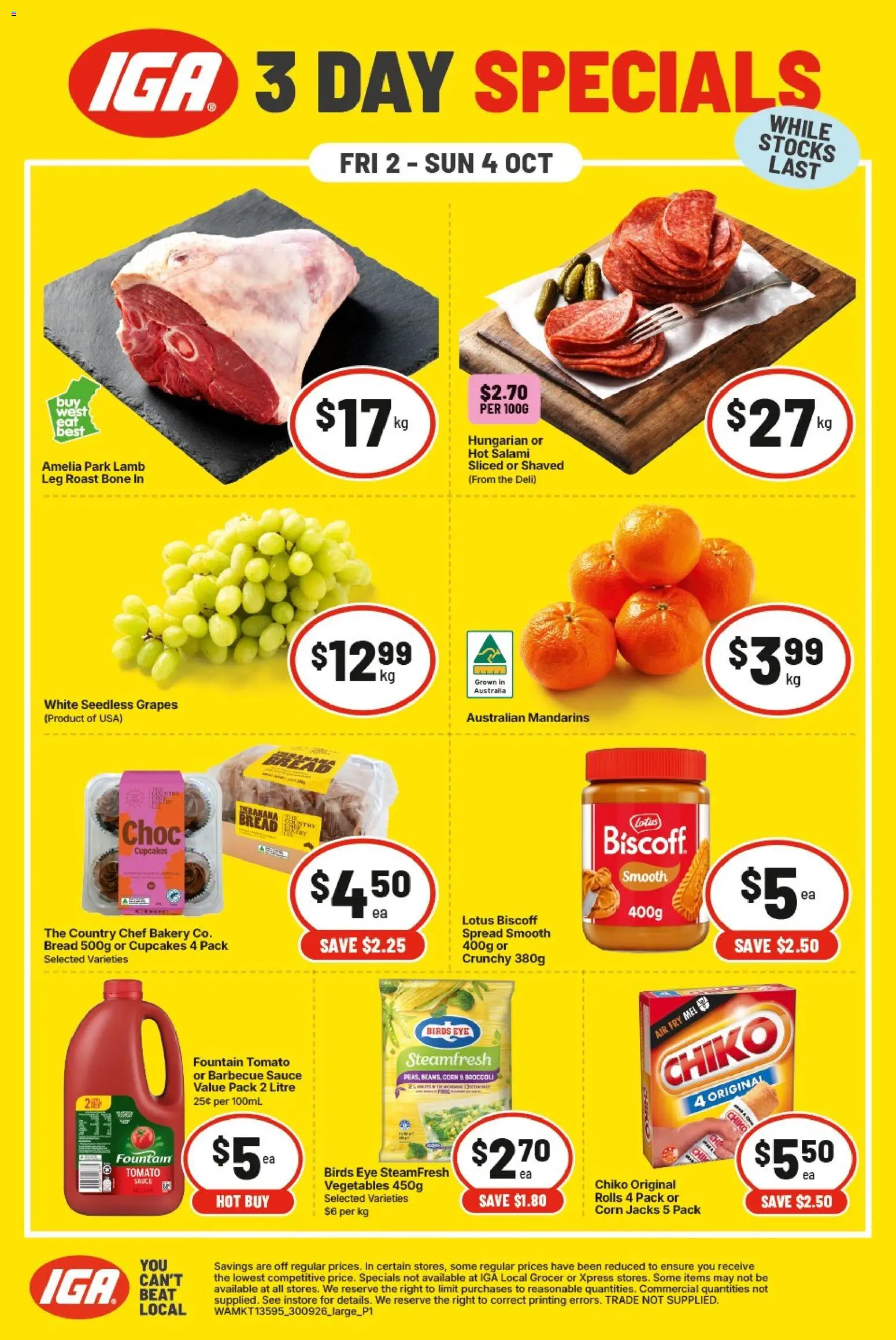 Preview of catalogue IGA catalogue 3 Day Specials WA from shop IGA valid 02/10/2026 - Corn, Bread, Lamb, Mandarins, Sauce, Tomato, Seedless grapes, Spread