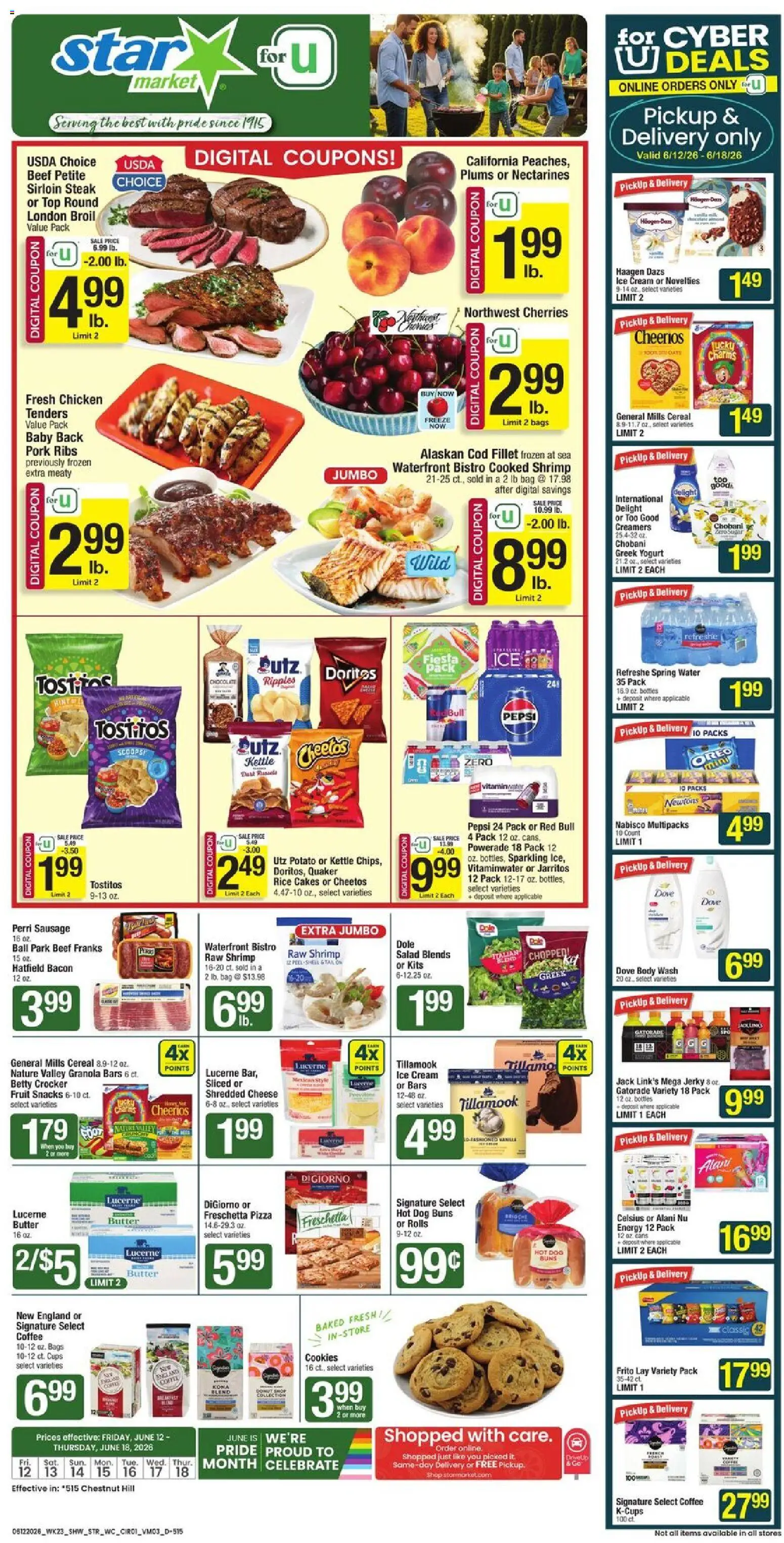 Ad Preview of Star Market Star Market Weekly Ad from 06/12/2026 - Pizza, Cookies, Chocolate, Ice, Salad, Cherries, Yogurt, Rice cakes
