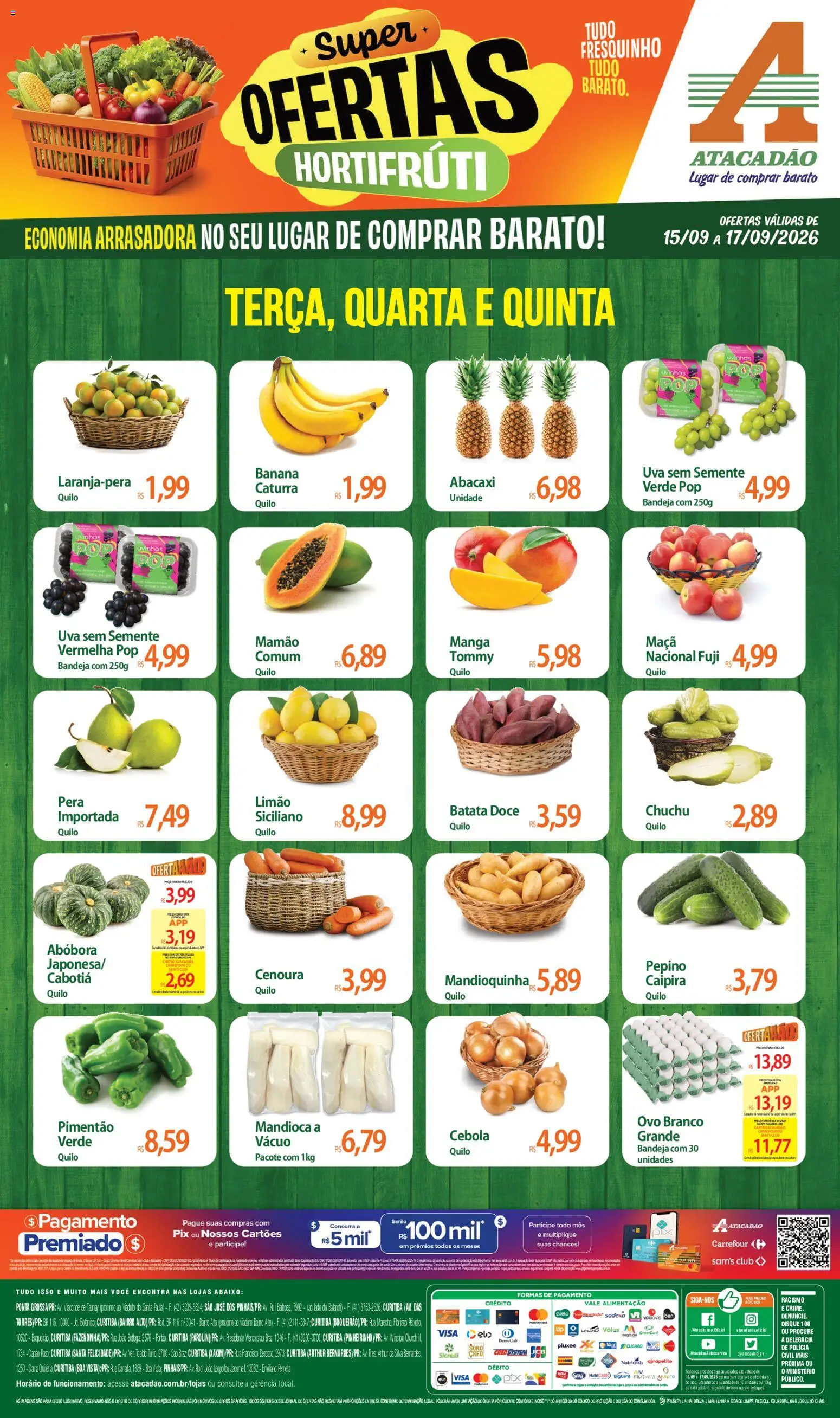 Pré-Visualização do folheto "Atacadão ofertas - PR" da loja Atacadão válido a partir de 15/09/2026 - Abóbora, Cola, Cebola, Bandeja, Mandioquinha, Mamão, Pimentão, Pepino caipira