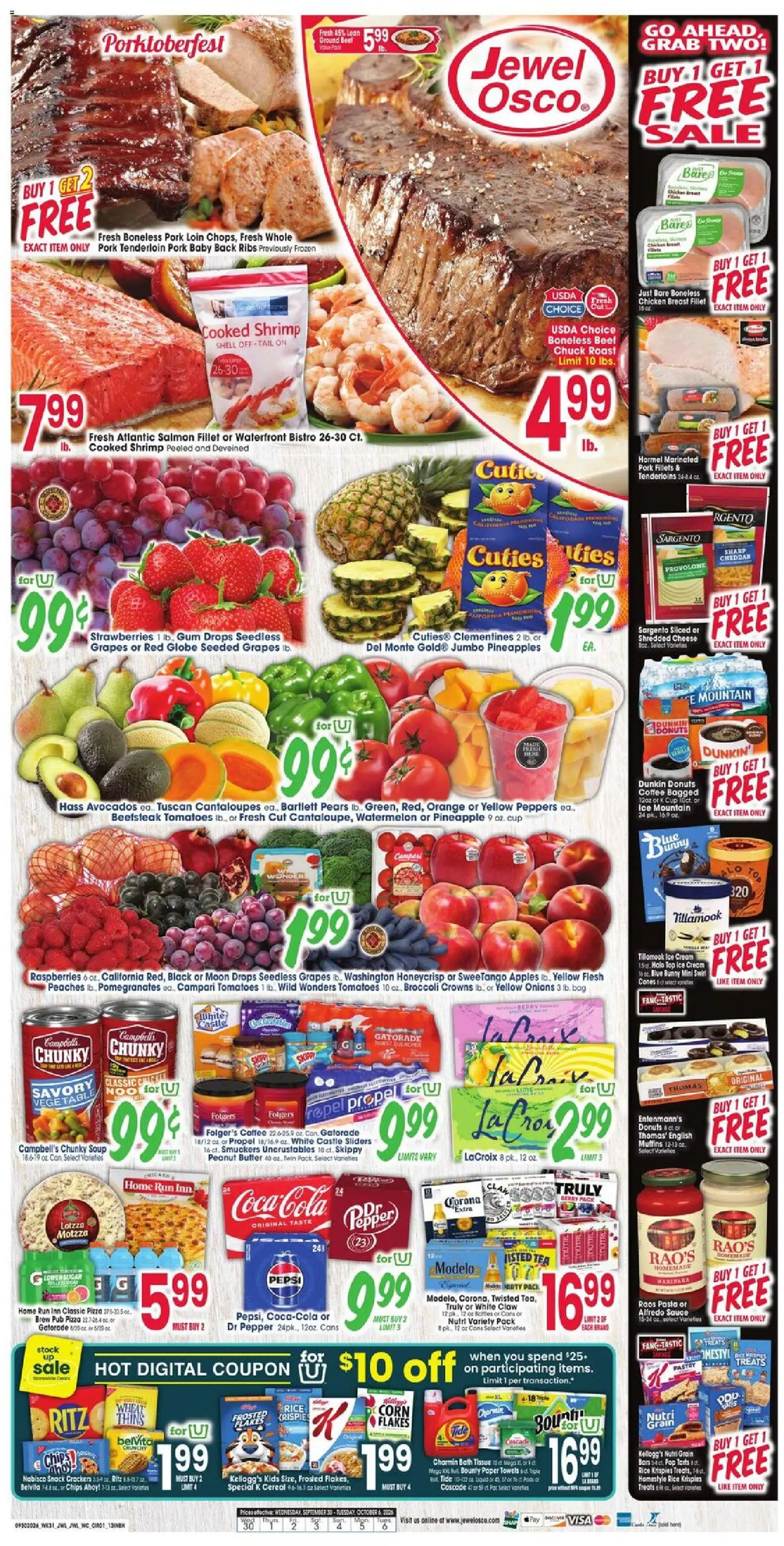 Ad Preview of Jewel Osco Jewel Osco Weekly Ad from 09/30/2026 - Pasta, Strawberries, Tomatoes, Raspberries, Pepper, Pork, Muffins, Pork tenderloin