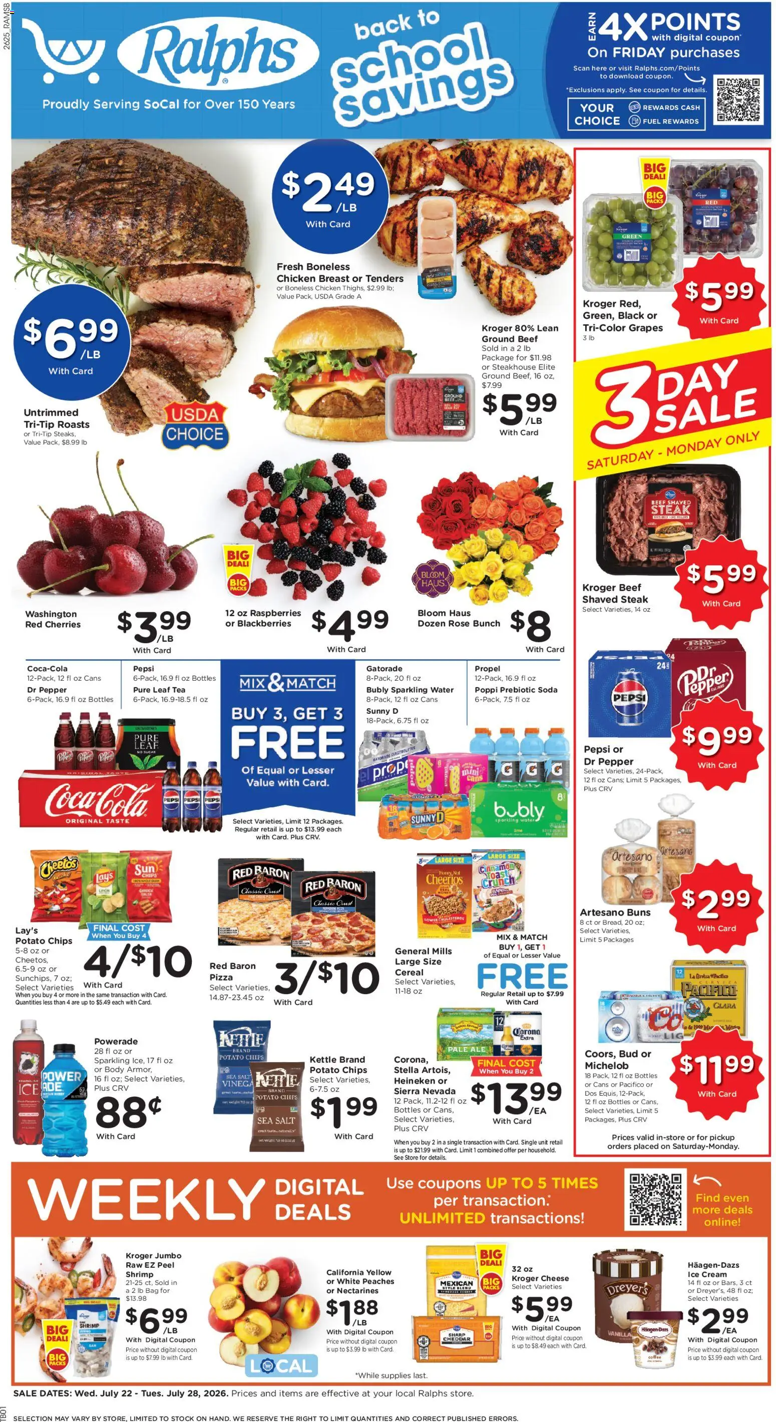 Ad Preview of Ralphs Ralphs Weekly Ad from 07/22/2026 - Water, Steak, Chips, Cheese, Cherries, Pepsi, Vanilla, Heineken