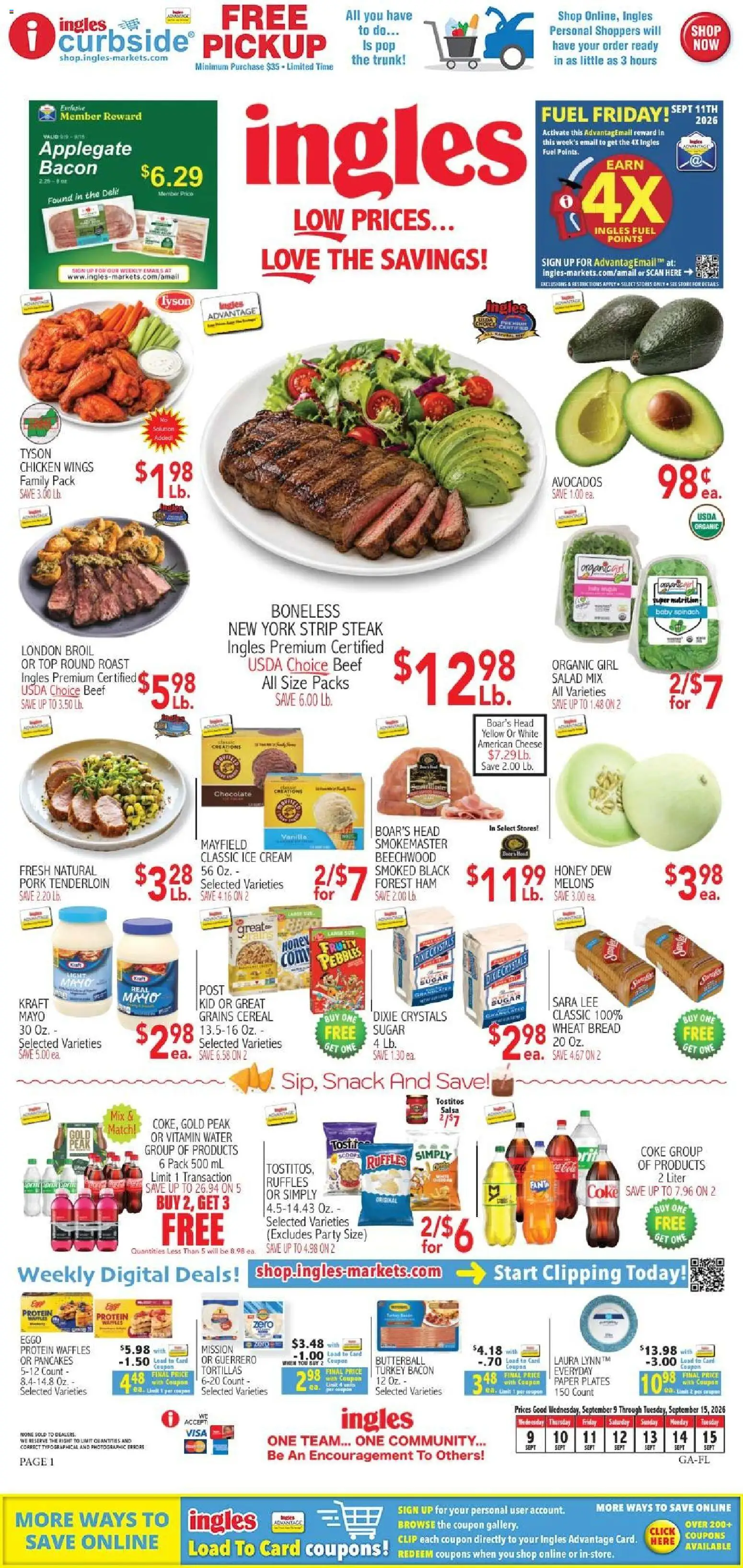Ad Preview of Ingles Ingles Weekly Ad from 09/09/2026 - Waffles, Chocolate, Ice, Cheese, Bread, Beef, Tortillas, Baby spinach