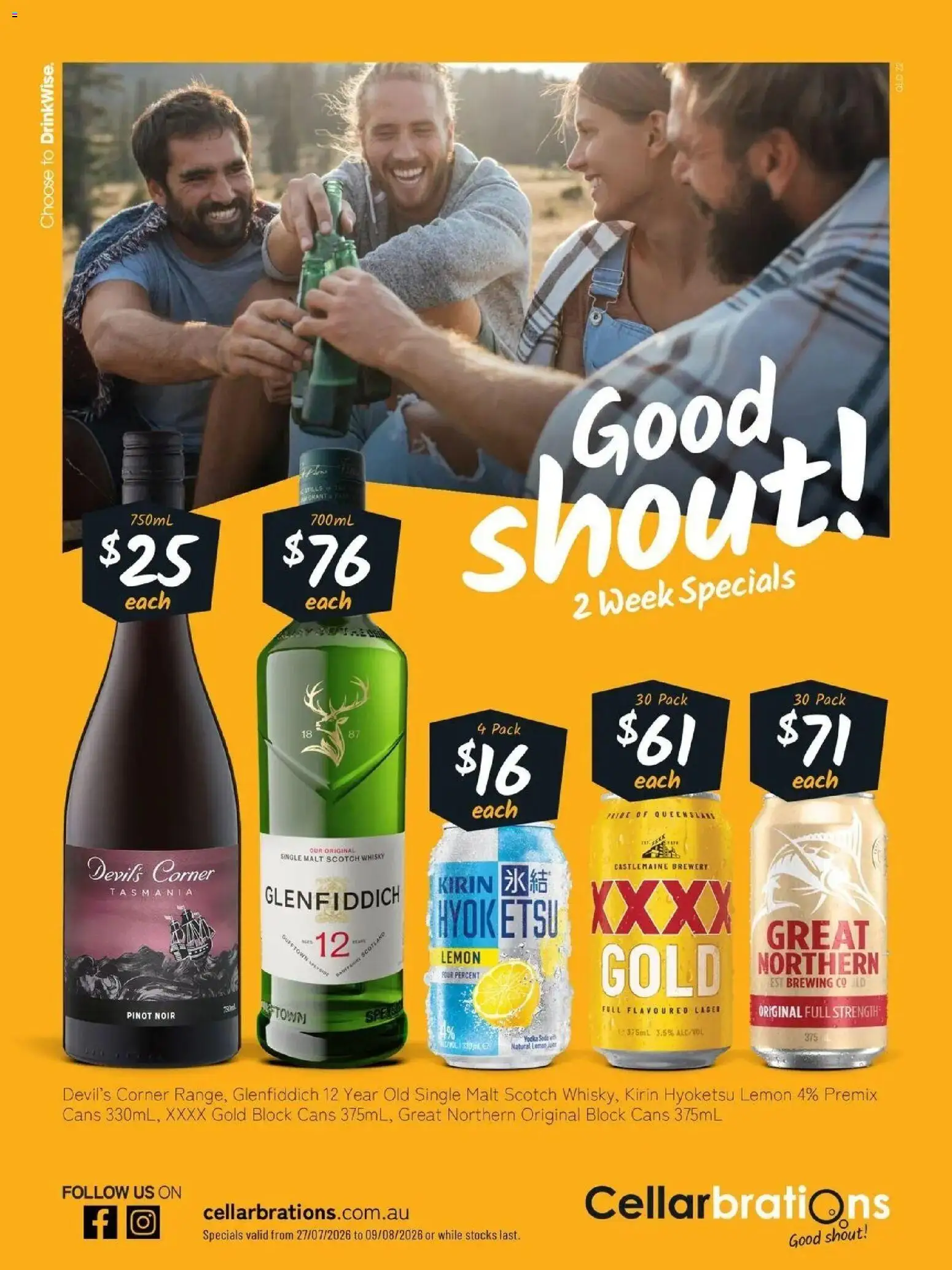 Preview of catalogue Good Shout! 27/07 from shop Cellarbrations valid 27/07/2026 - Scotch whisky, Vodka, Lemon, Scotch, Glenfiddich 12