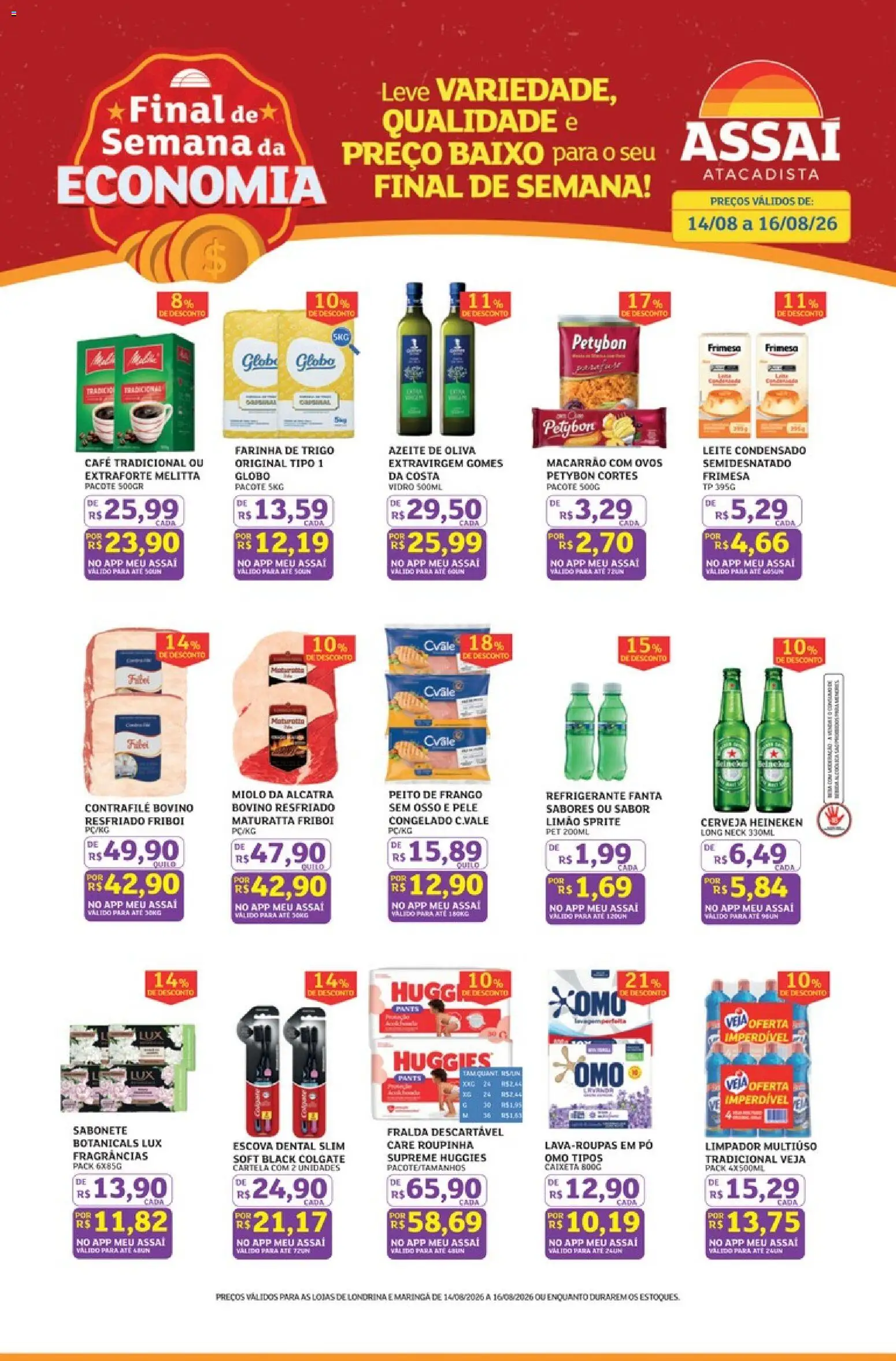 Pré-Visualização do folheto "Assaí Atacadista ofertas - PR" da loja Assaí Atacadista válido a partir de 14/08/2026 - Heineken, Macarrão, Frango, Azeite, Peito de frango, Baixo, Alcatra, Farinha