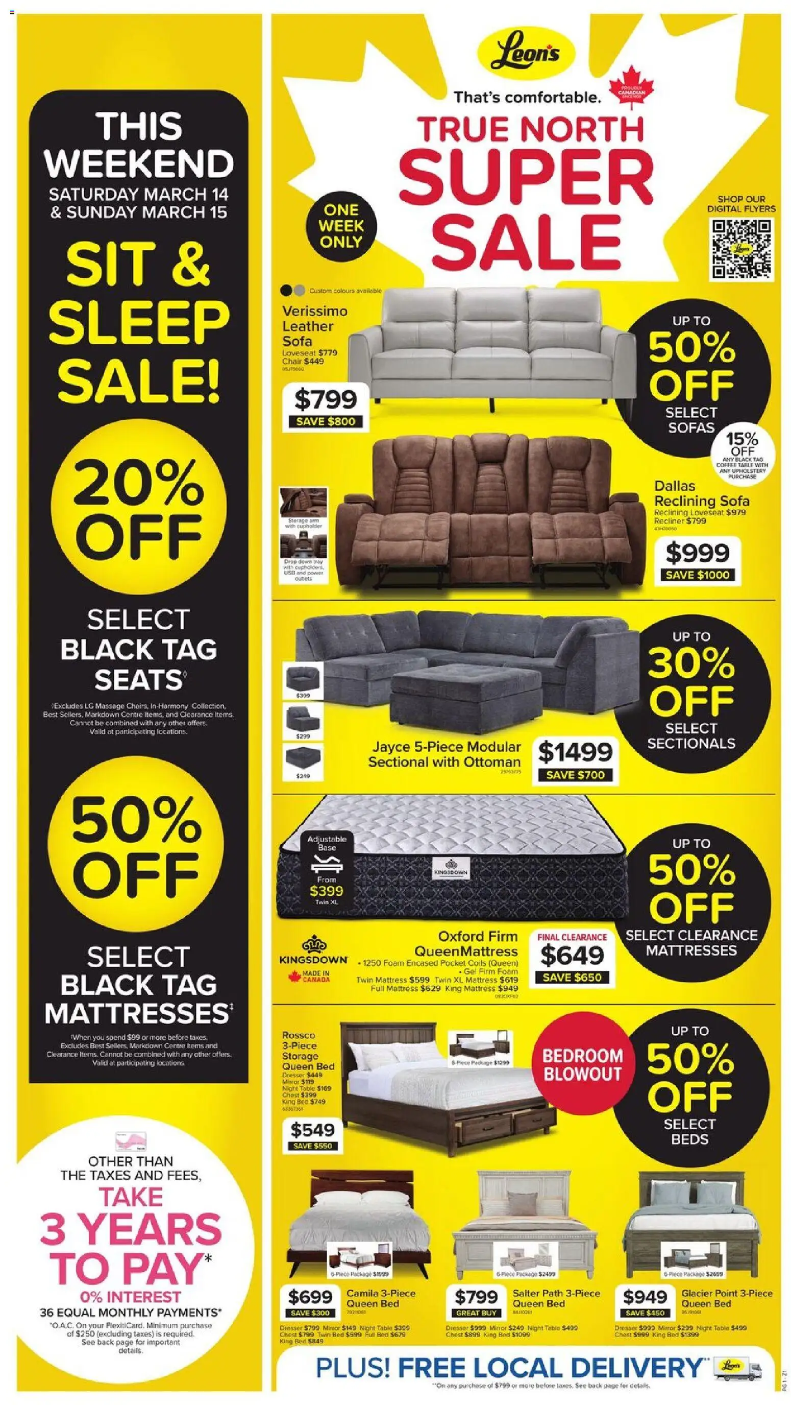 Preview of leaflet Leon's weekly flyer / circulaire from shop Leon's is valid from Mar 12, 2026 - Coffee, Mattresses, Sofas, Dresser, Bed, Mirror, Chair, Foam