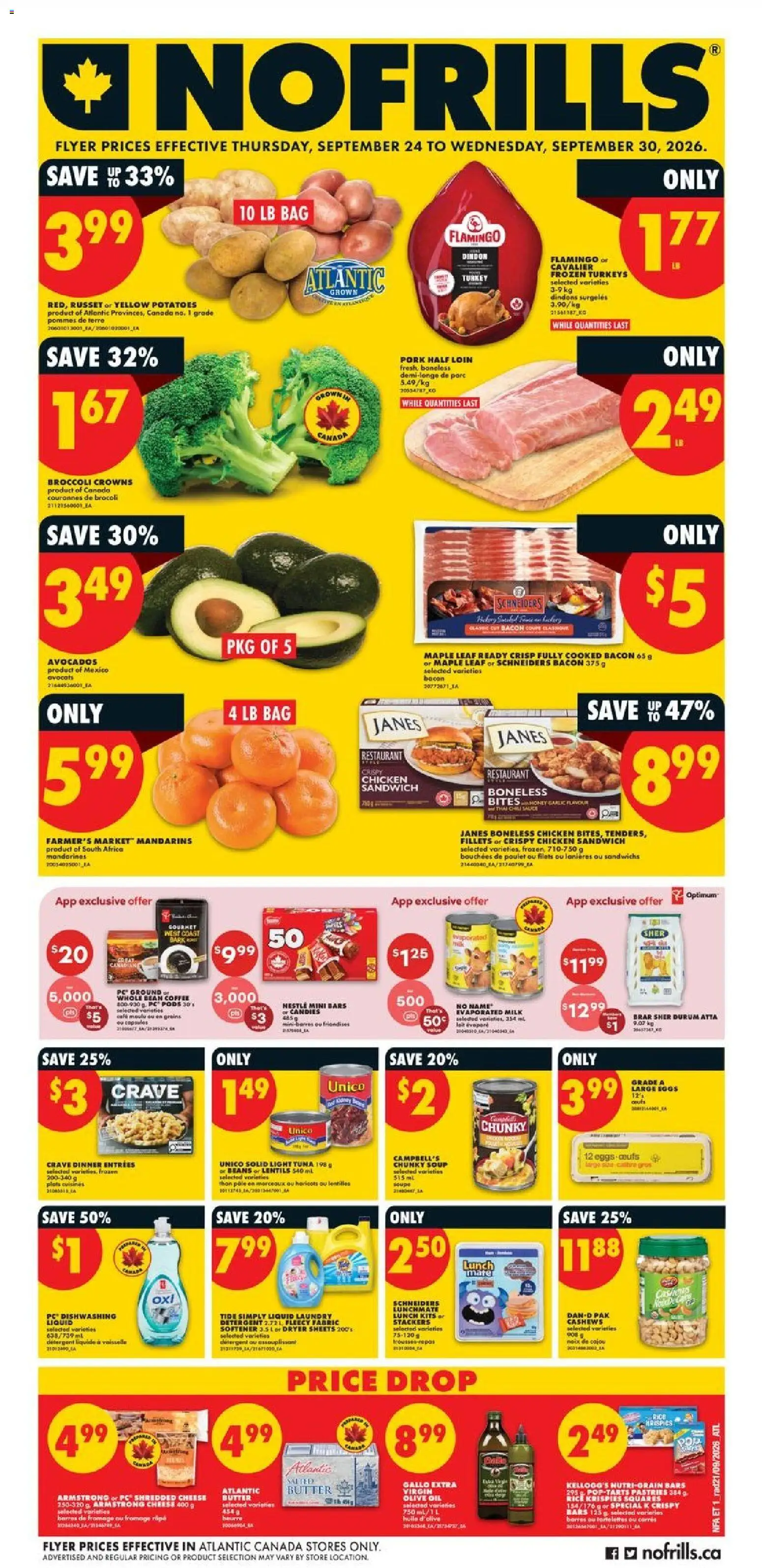 Preview of leaflet No Frills weekly flyer - NS from shop No Frills is valid from Sep 24, 2026 - Turkey, Potatoes, Broccoli, Lentils, Olive oil, Pork, Dryer, Garlic