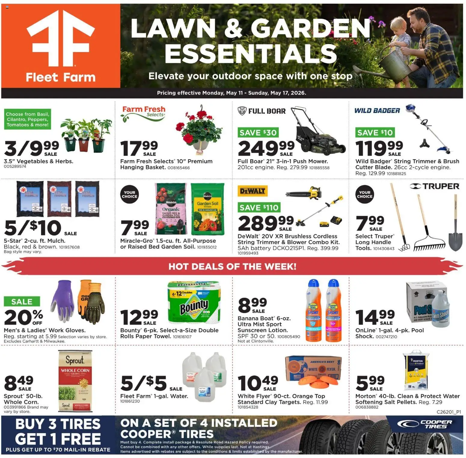 Ad Preview of Mills Fleet Farm Mills Fleet Farm Weekly Ad from 05/11/2026 - Water, Vegetables, Bed, Battery, Tomatoes, Corn, Bag, Shock
