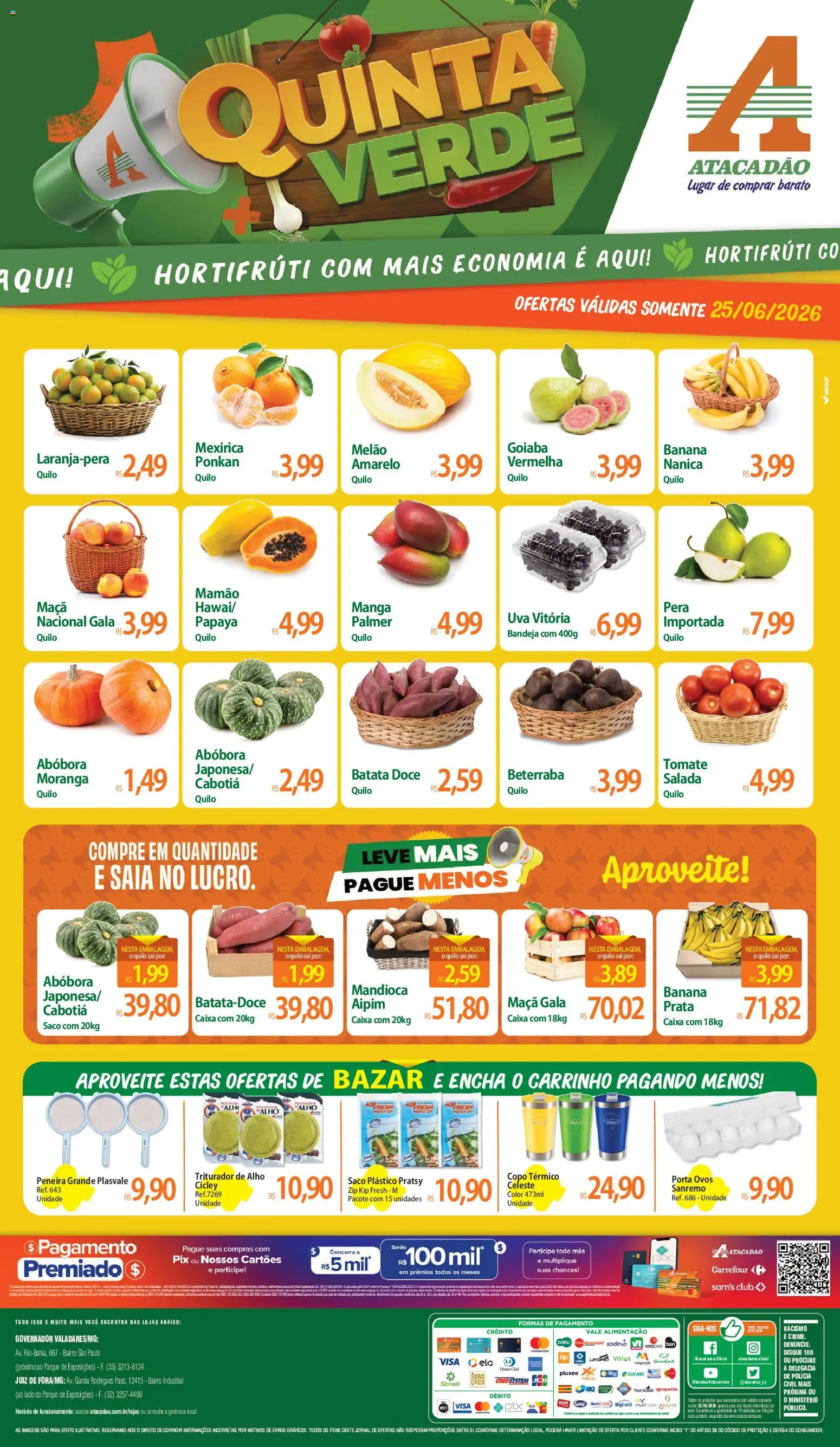 Pré-Visualização do folheto "Atacadão ofertas - MG" da loja Atacadão válido a partir de 25/06/2026 - Caixa, Manga, Porta, Uva, Ovos, Carrinho, Batata, Goiaba