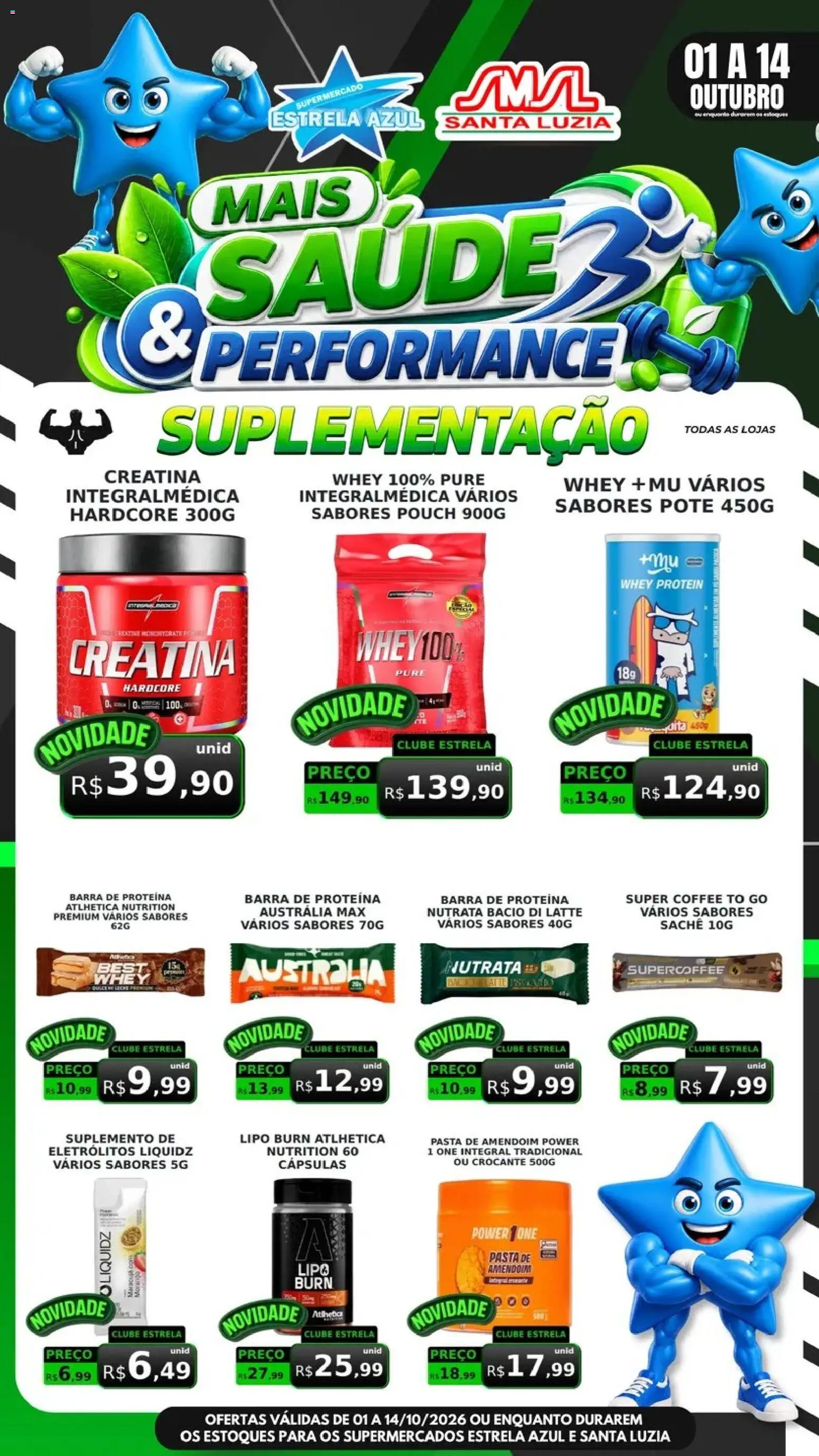 Pré-Visualização do folheto "Estrela Azul ofertas Suplementação" da loja Estrela Azul válido a partir de 01/10/2026 - Creatina, Whey protein, Amendoim, Pasta de amendoim, Proteína, Pasta, Barra de proteína, Cápsulas