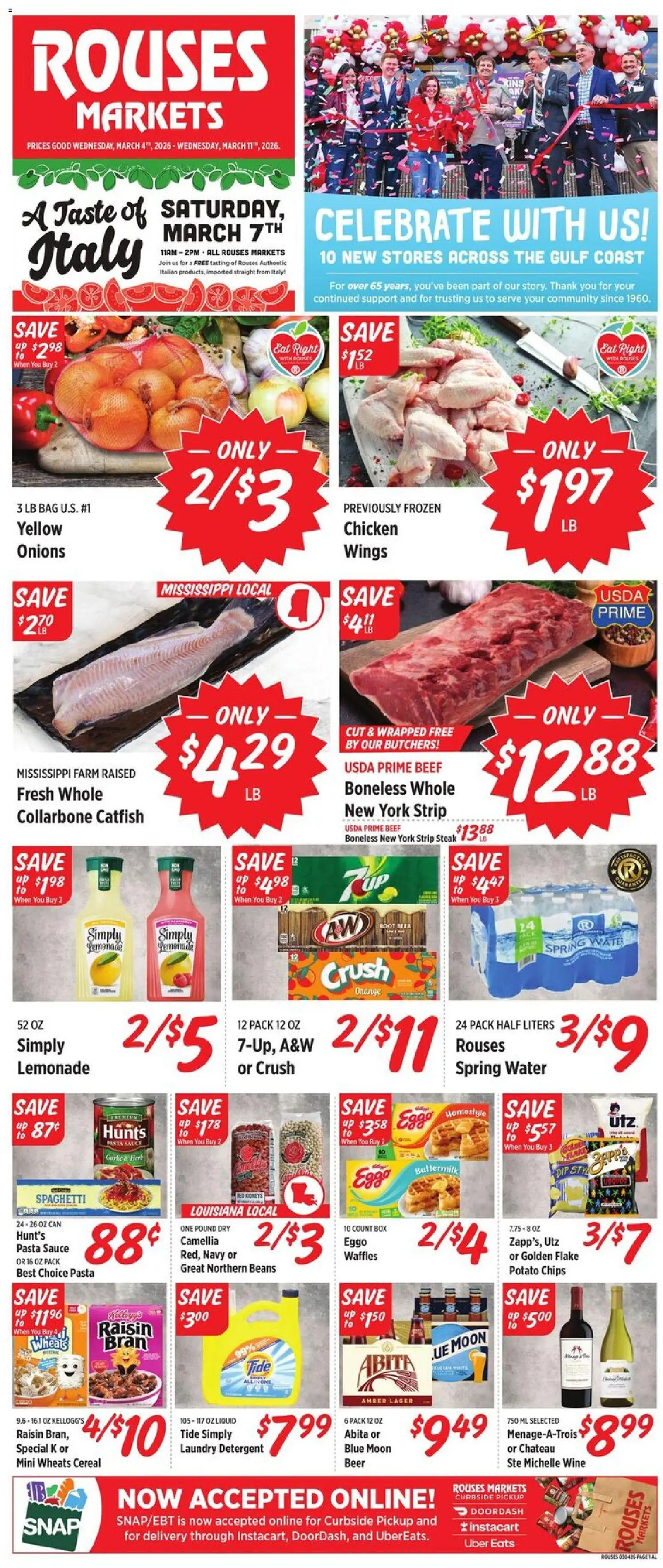 Ad Preview of Rouses Rouses Weekly Ad - AL from 03/04/2026 - Waffles, Wine, Spaghetti, Cereal, Lemonade, Beans, Spring water, Detergent