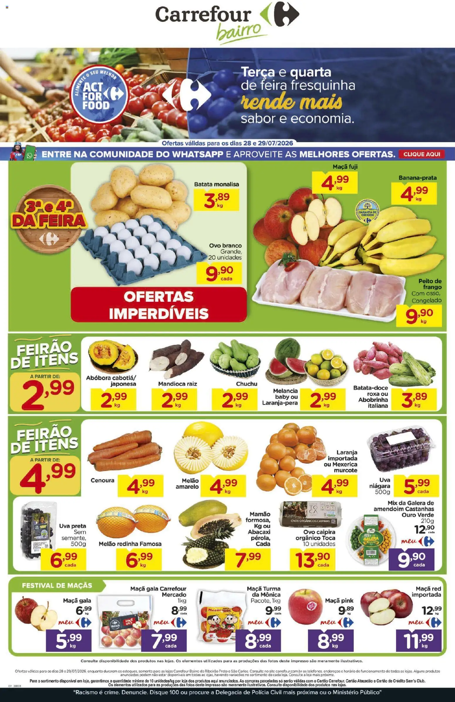 Pré-Visualização do folheto "Carrefour Bairro ofertas Feira" da loja Carrefour Bairro válido a partir de 28/07/2026 - Abacaxi, Batata, Abobrinha, Peito de frango, Castanhas, Mexerica, Melão, Mamão