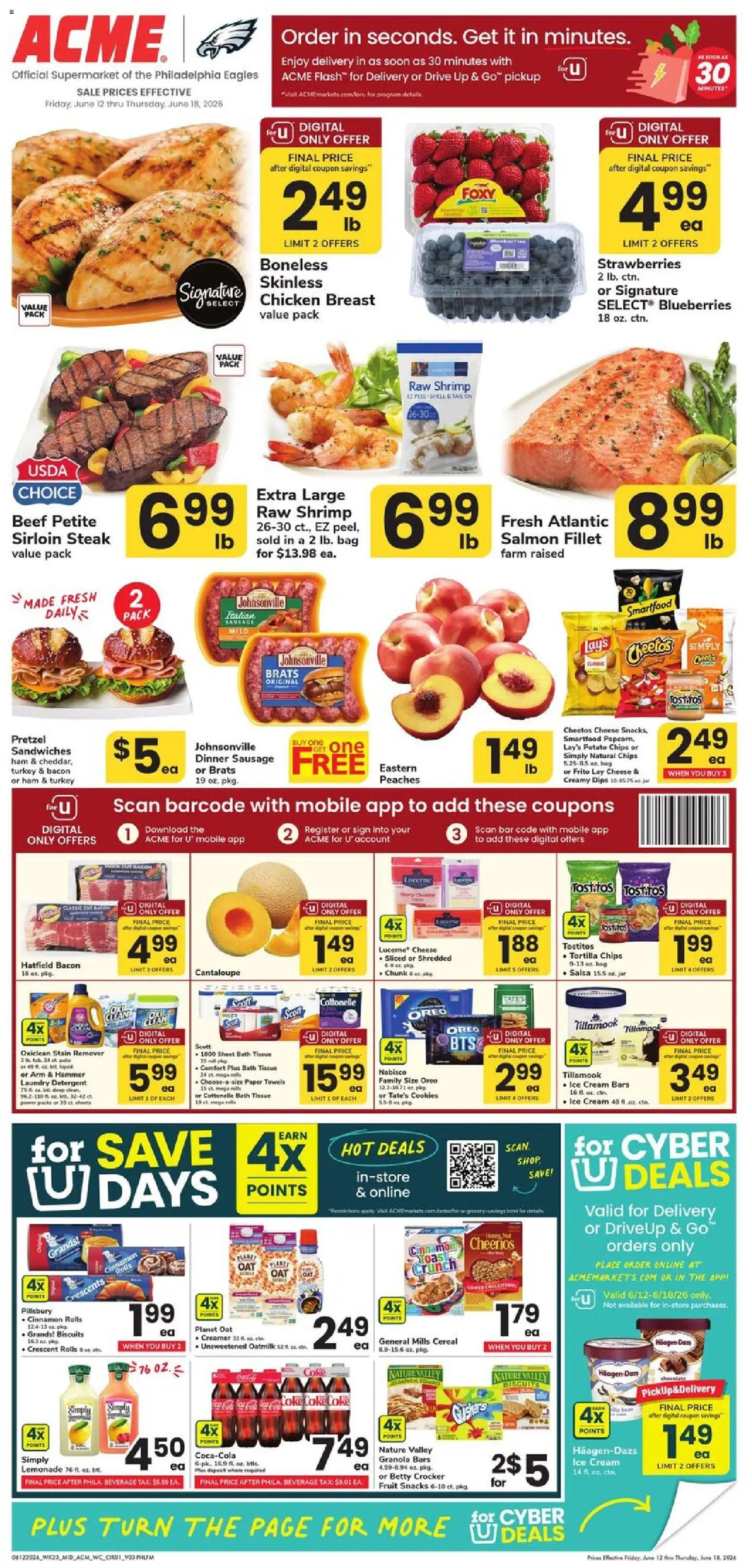 Ad Preview of Acme Acme Weekly Ad from 06/12/2026 - Cookies, Steak, Snacks, Shrimp, Oreo, Bacon, Cream, Detergent