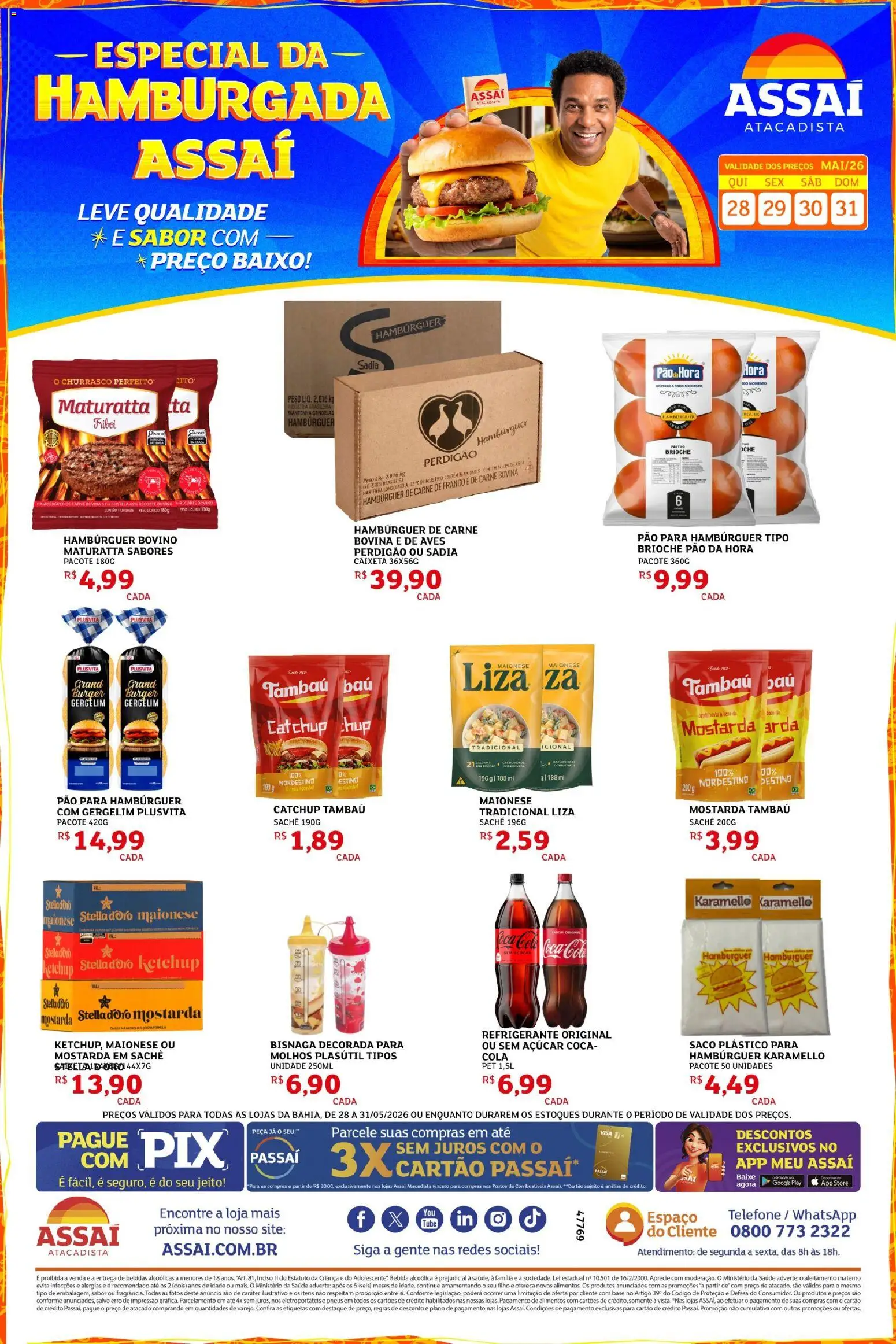 Pré-Visualização do folheto "Assaí Atacadista ofertas - BA" da loja Assaí Atacadista válido a partir de 28/05/2026 - Hambúrguer, Bebidas, Pão, Açúcar, Gergelim, Baixo, Brioche, Mostarda