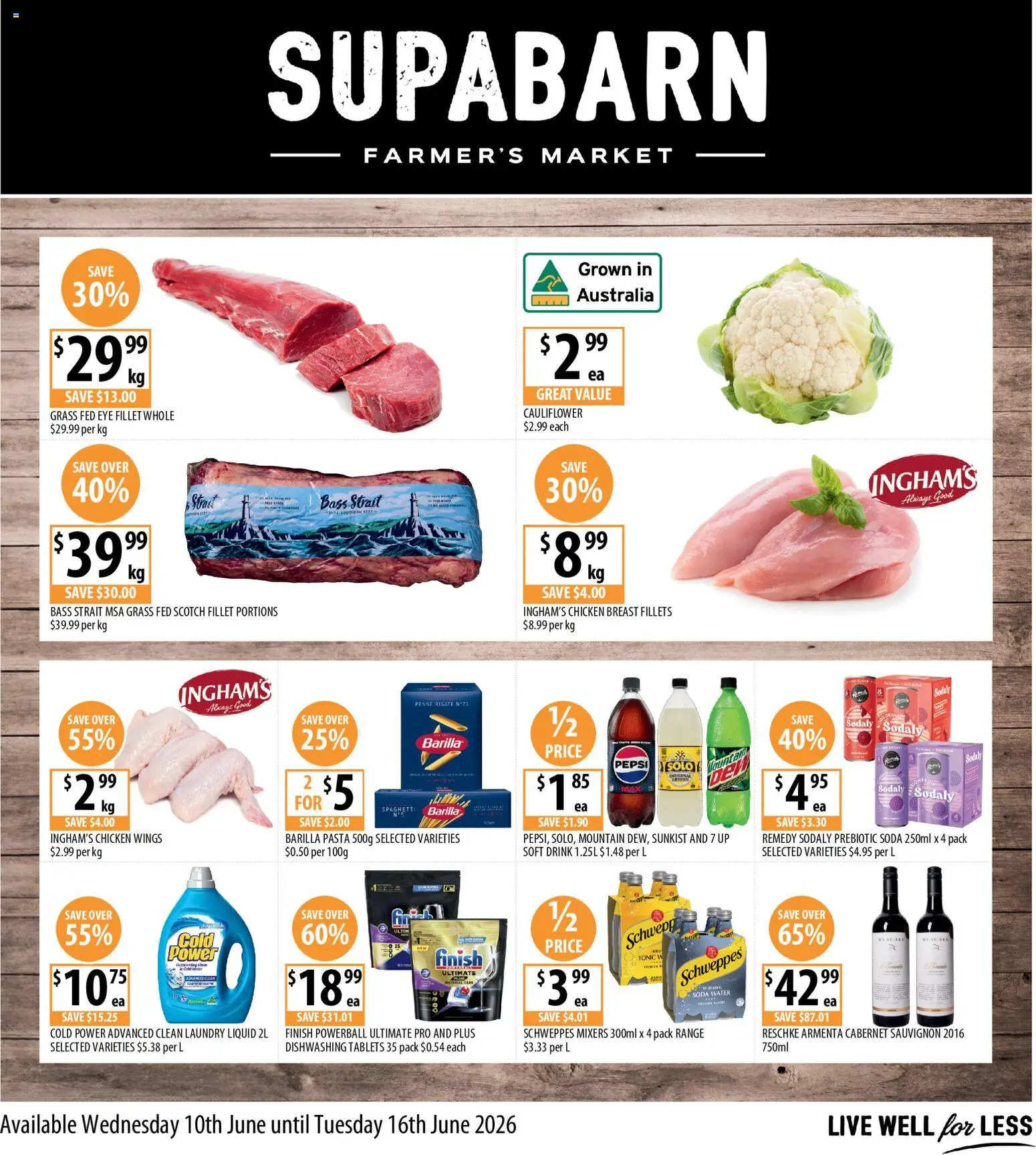 Preview of catalogue Supabarn catalogue from shop Supabarn valid 10/06/2026 - Grass, Chicken wings, Barilla pasta, Chicken, Pepsi, Tonic, Barilla, Fillet