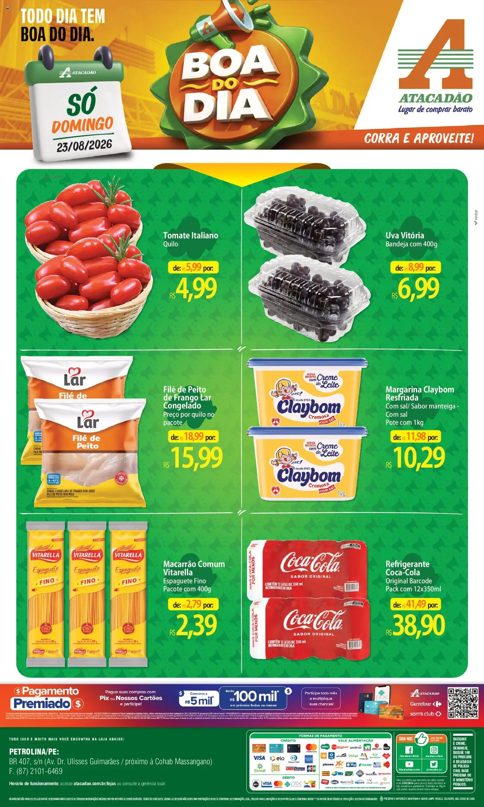 Pré-Visualização do folheto "Atacadão ofertas - PE" da loja Atacadão válido a partir de 23/08/2026 - Macarrão, Sal, Leite, Creme de leite, Cola, Bandeja, Margarina, Espaguete
