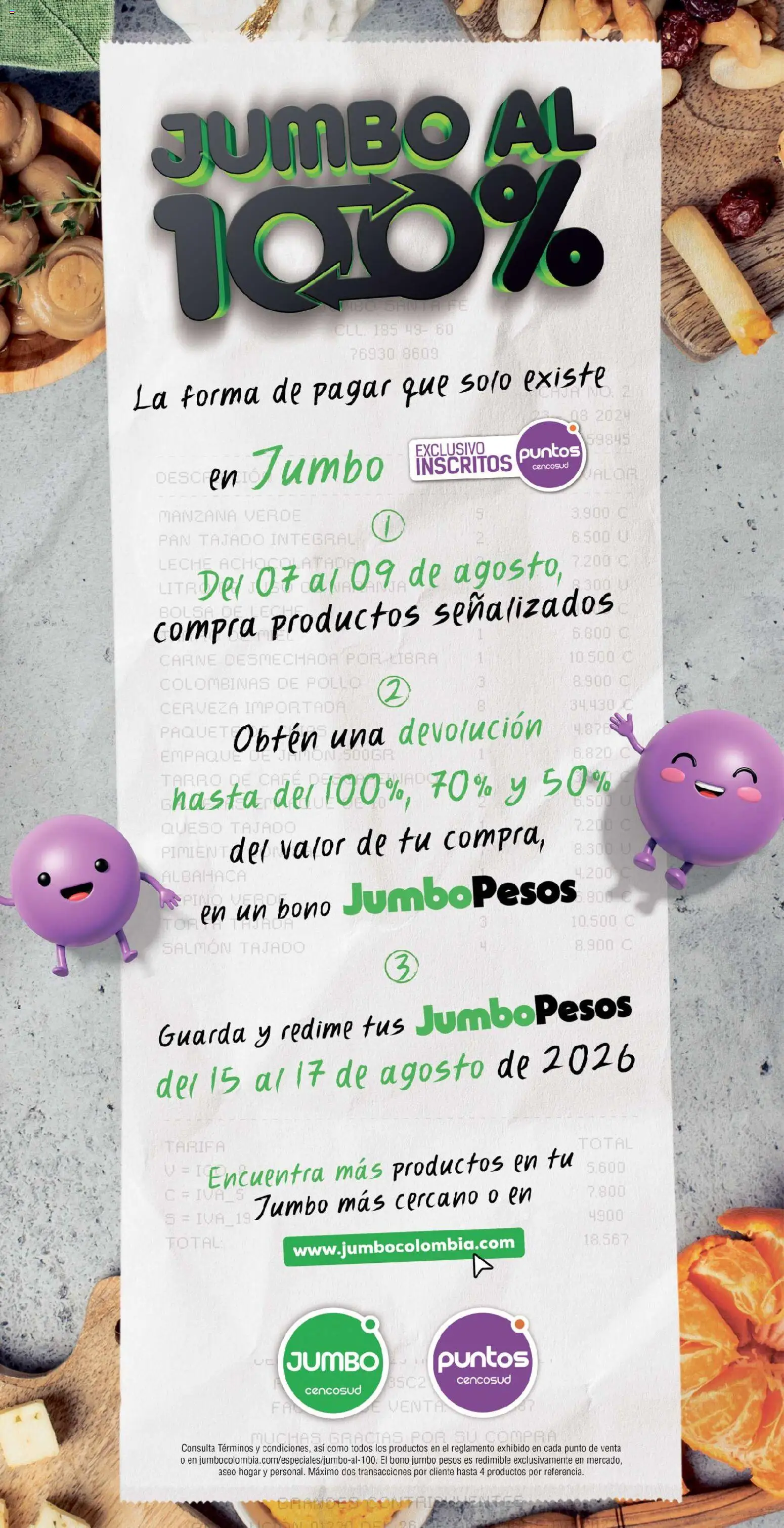 Vista previa del prospecto Jumbo catálogo al 100 del almacen Jumbo válida del 07/08/2026 al 17/08/2026 - Pollo, Manzana, Cerveza, Carne, Leche, Queso, Pan, Salmón