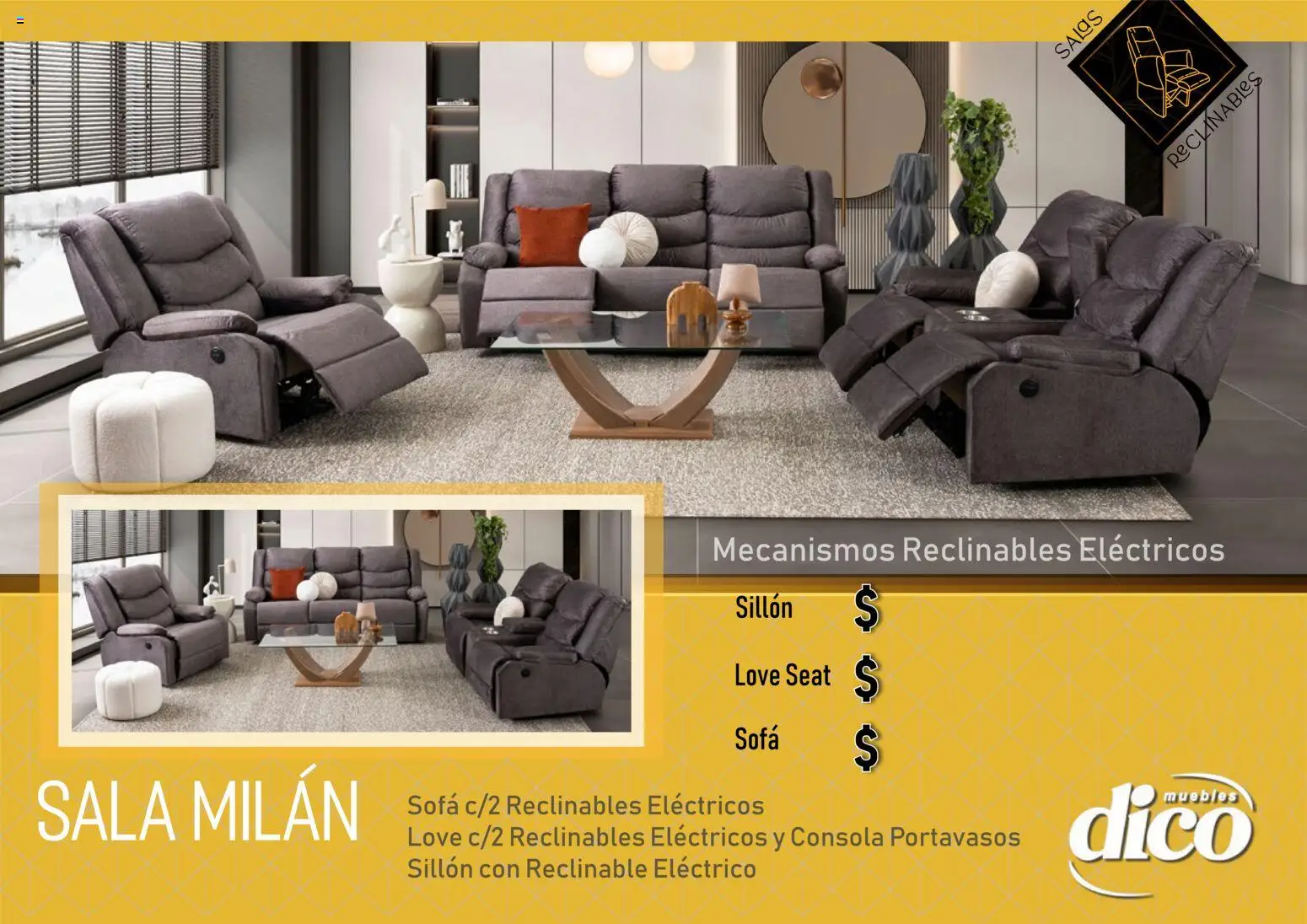 Vista previa las ofertas de la tienda Muebles Dico - Catálogo Salas reclinables desde el 01/01/2026 - Sillón, Sala, Sofá