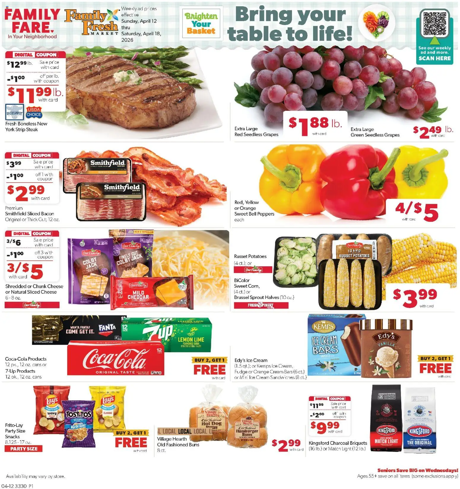 Ad Preview of Family Fare Family Fare Weekly Ad - MN from 04/12/2026 - Ice, Cheese, Lemon, Bacon, Lime, Fanta, Sliced cheese, Table