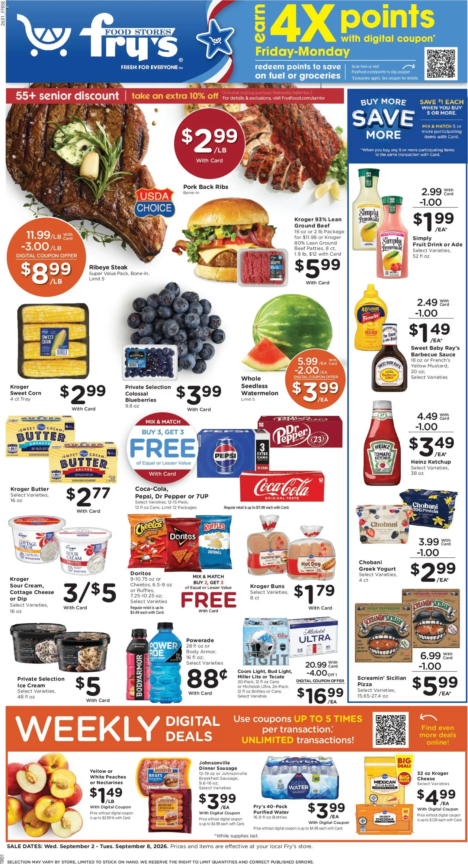 Ad Preview of Fry's Food Fry's Food Weekly Ad from 09/02/2026 - Fruit, Protein, Corn, Sausage, Greek yogurt, Ground beef, Clip, Barbecue sauce