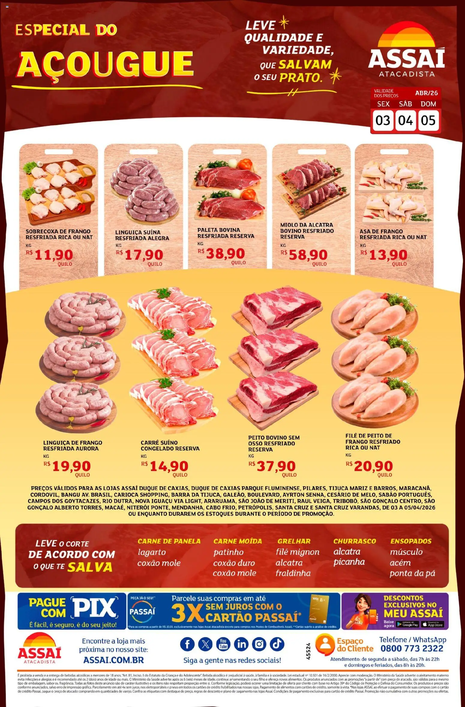 Pré-Visualização do folheto "Assaí Atacadista ofertas - RJ" da loja Assaí Atacadista válido a partir de 03/04/2026 - Telefone, Pneus, Base, Alimentos, Cabo, Sobrecoxa de frango, Frango resfriado, Coxão mole