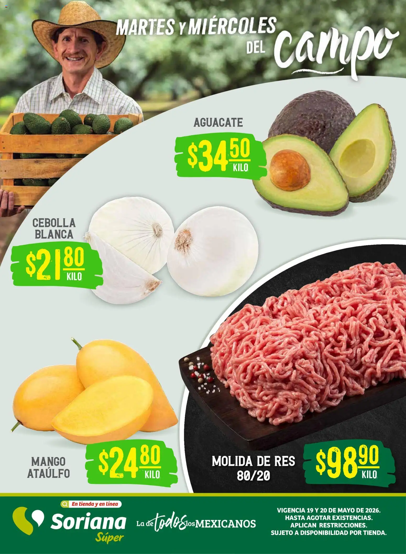 Vista previa las ofertas de la tienda Soriana - Soriana Martes y Miércoles del Campo Súper: Ver, Tab, Chis, Camp, Yuc y Q. Roo desde el 19/05/2026 - Mango, Aguacate, Cebolla, Res
