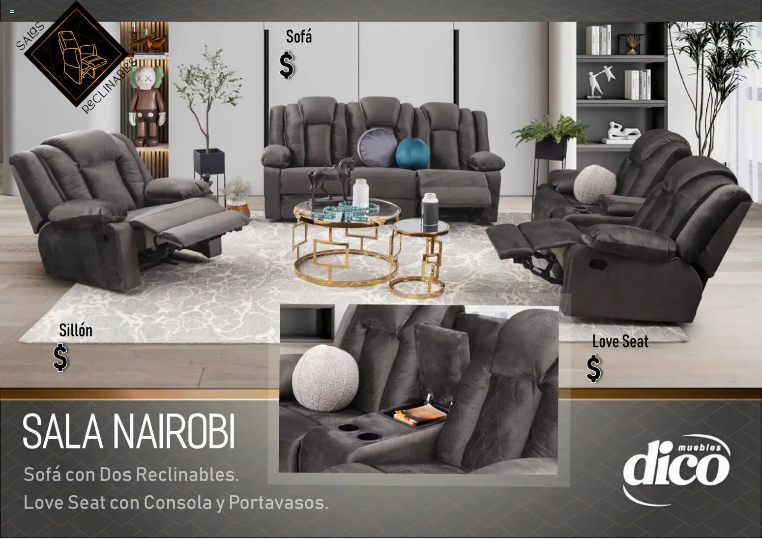 Vista previa las ofertas de la tienda Muebles Dico - Catálogo Salas reclinables desde el 01/01/2026 - Café, Sala, Sofá