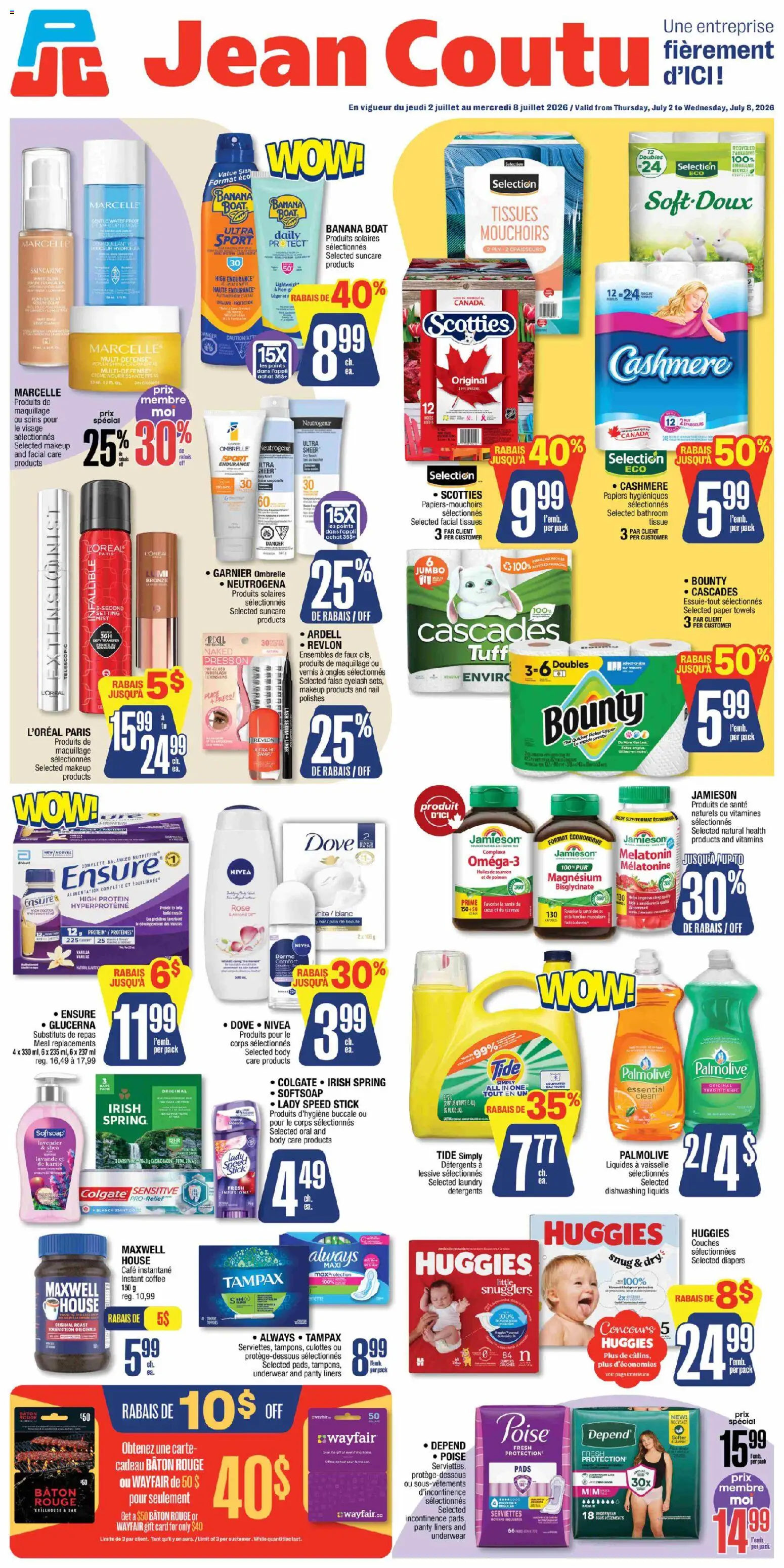 Preview of leaflet Jean Coutu circulaire from shop Jean Coutu is valid from Jul 02, 2026 - Coffee, Beer, Protein, Diapers, Paper towels, Instant coffee, Tissues, Panty liners
