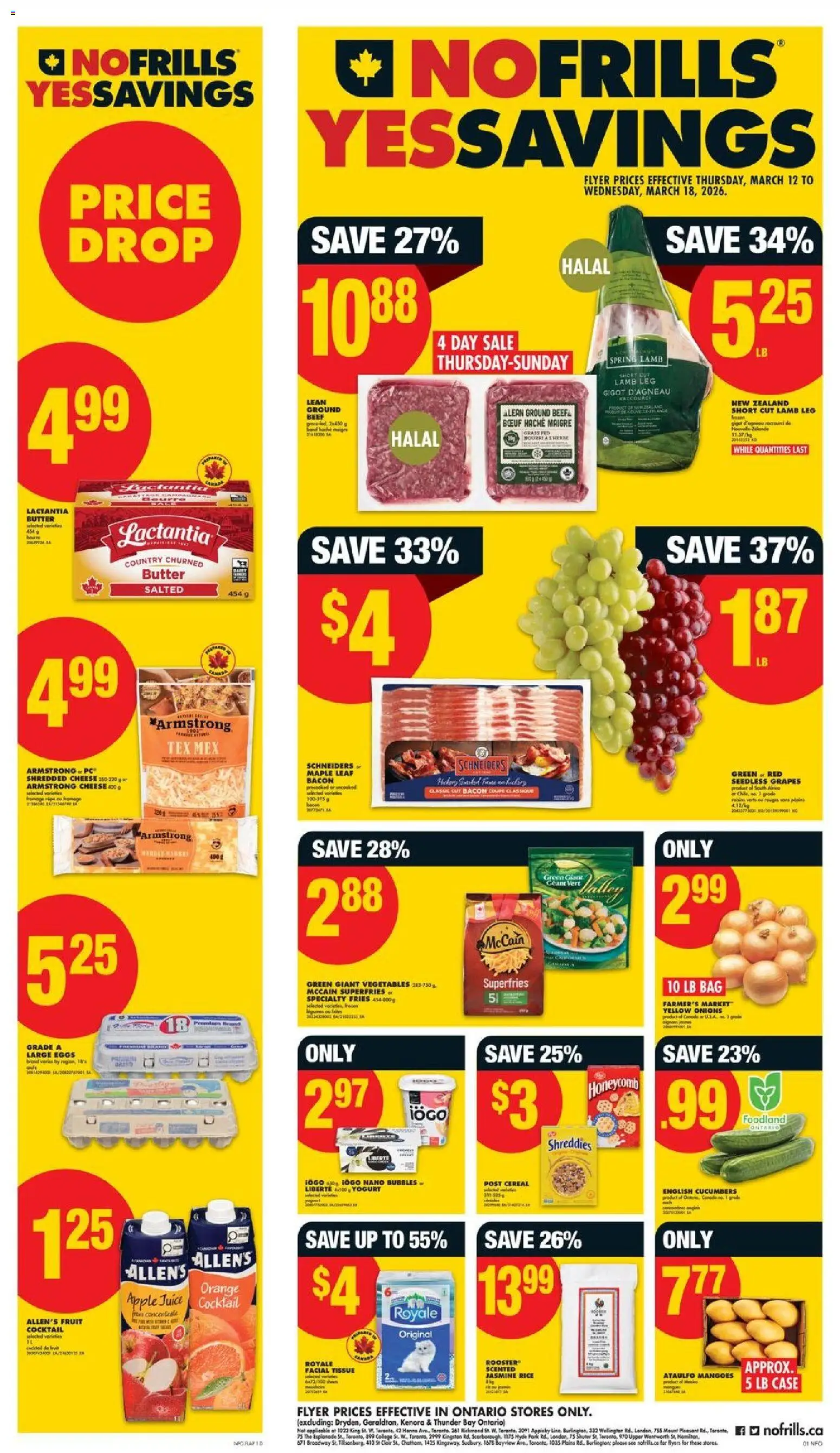 Preview of leaflet No Frills weekly flyer / circulaire from shop No Frills is valid from Mar 12, 2026 - Yogurt, Juice, Bag, Bacon, Pork, Jasmine rice, Case, Frozen vegetables