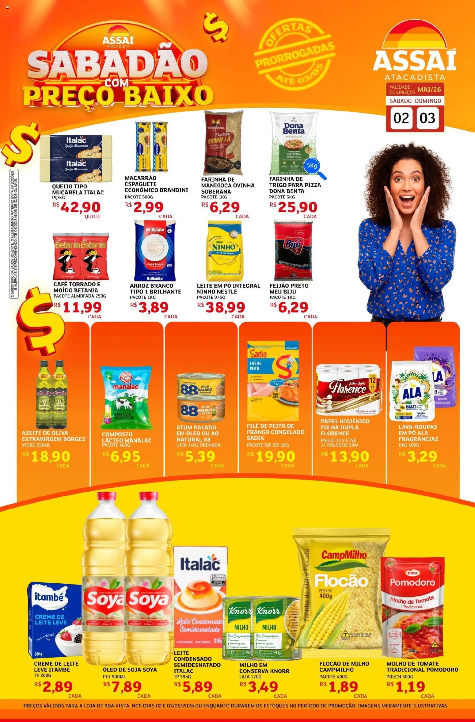 Pré-Visualização do folheto "Assaí Atacadista ofertas - RR" da loja Assaí Atacadista válido a partir de 02/05/2026 - Macarrão, Óleo, Feijão, Leite, Frango, Tomate, Atum, Molho de tomate