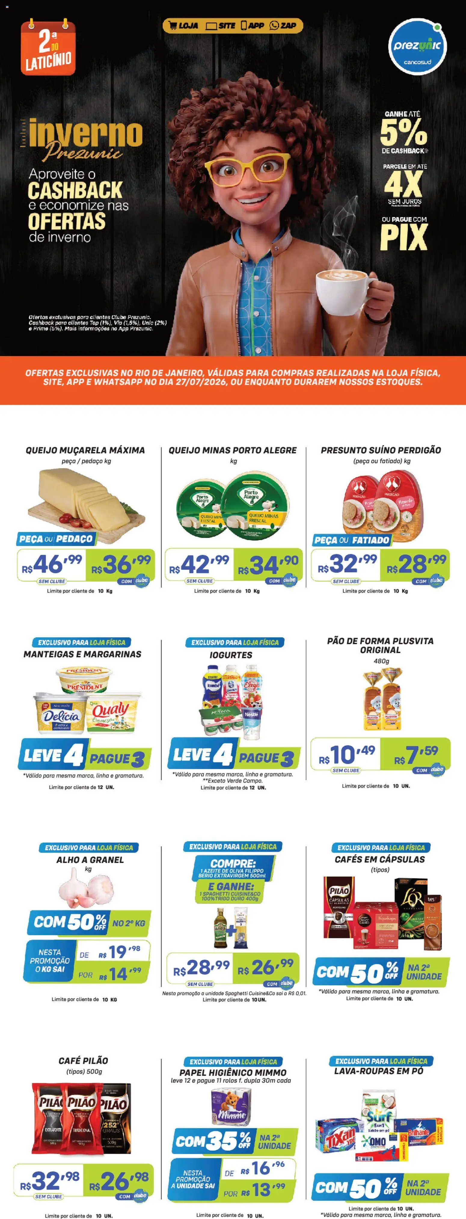 Pré-Visualização do folheto "Prezunic ofertas" da loja Prezunic válido a partir de 27/07/2026 - Queijo, Azeite, Azeite de oliva, Papel higiênico, Presunto, Alho, Café pilão, Cápsulas
