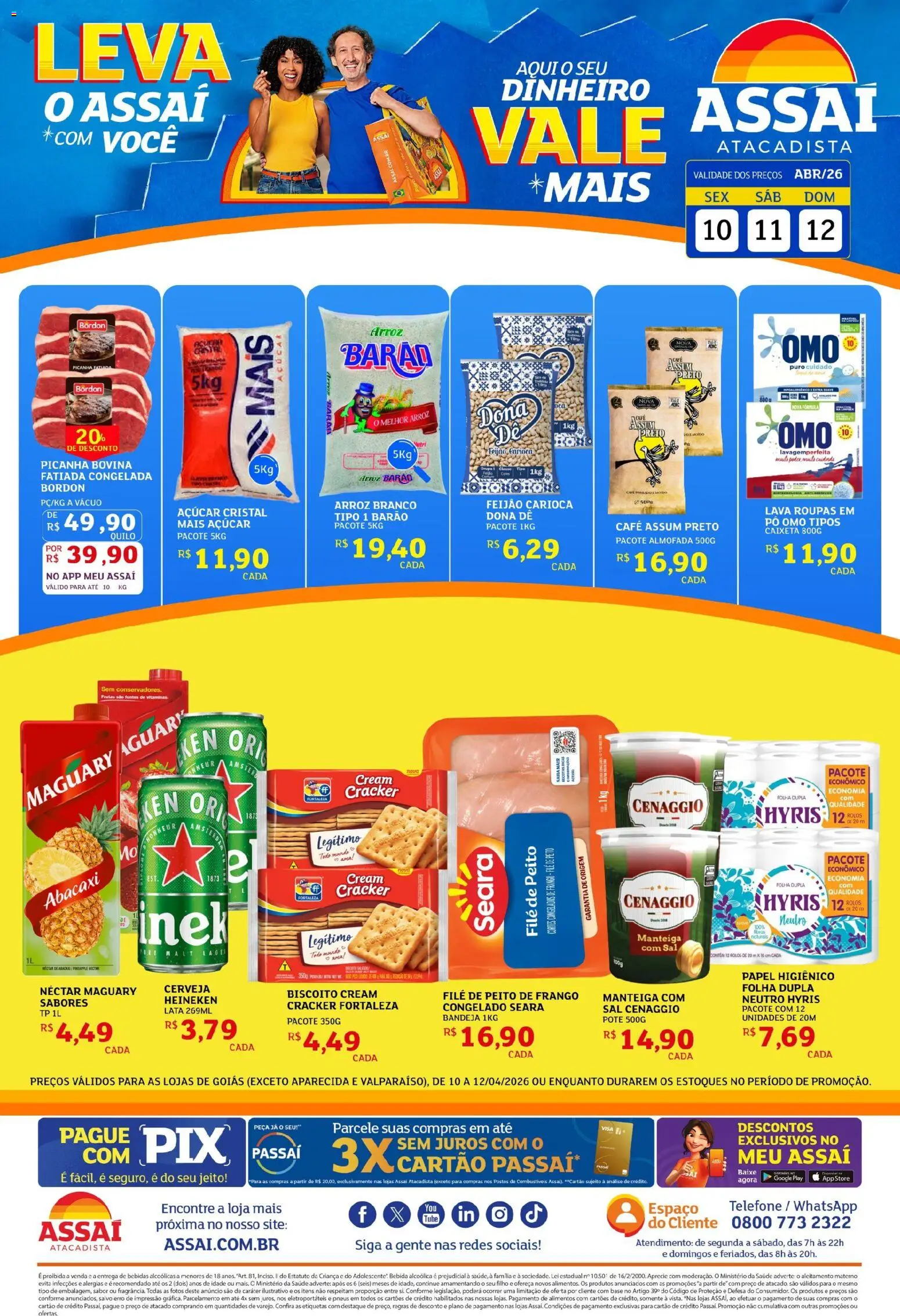 Pré-Visualização do folheto "Assaí Atacadista ofertas - GO" da loja Assaí Atacadista válido a partir de 10/04/2026 - Cerveja, Roupas, Picanha, Base, Feijão, Açúcar, Peito de frango, Almofada