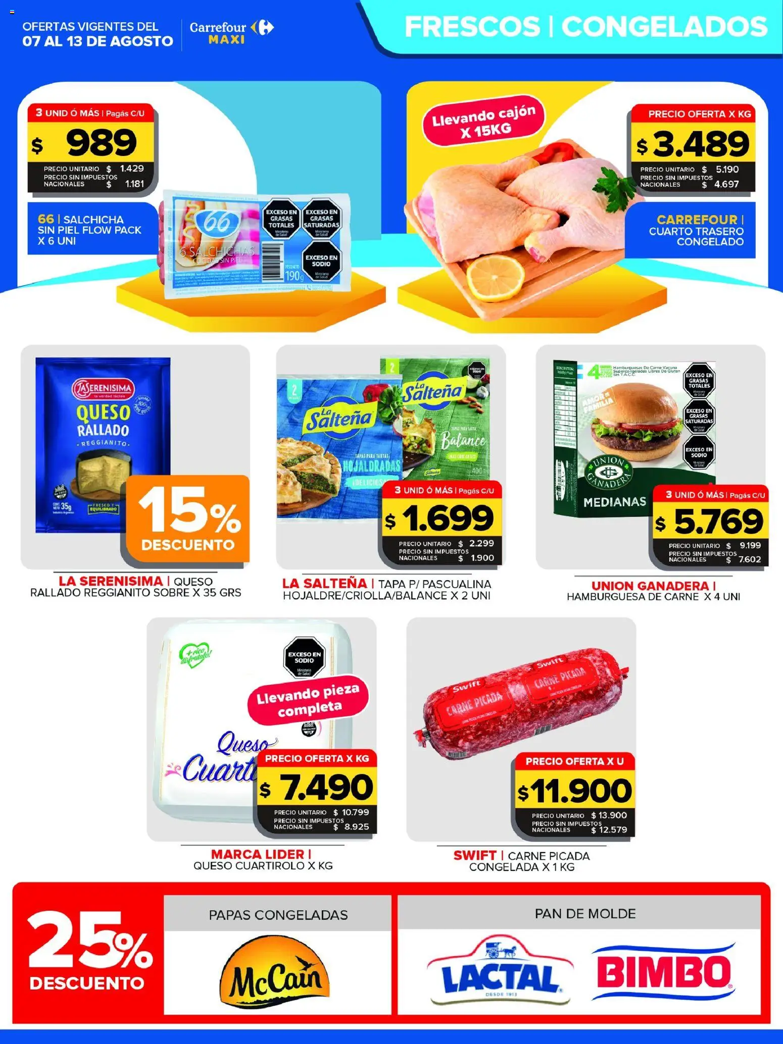 Vista previa del folleto de la tienda Carrefour Maxi válido desde el 07/08/2026 - Papas, Queso, Pan, Sobre, Queso rallado, Salchicha, Carne picada, Molde