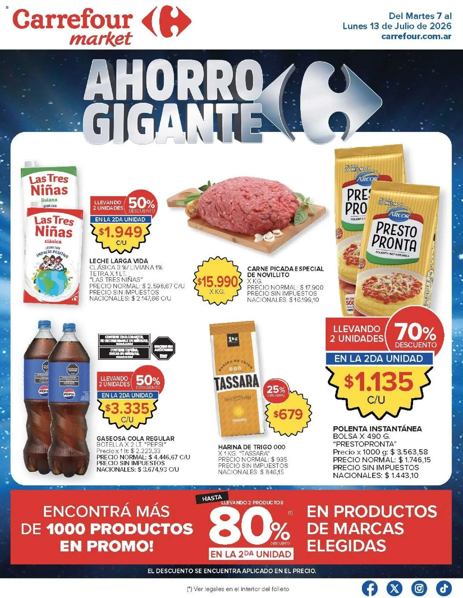 Vista previa del folleto de la tienda Carrefour Market válido desde el 07/07/2026 - Bolsa, Carne, Pepsi, Harina, Leche, Botella, Gaseosa, Carne picada