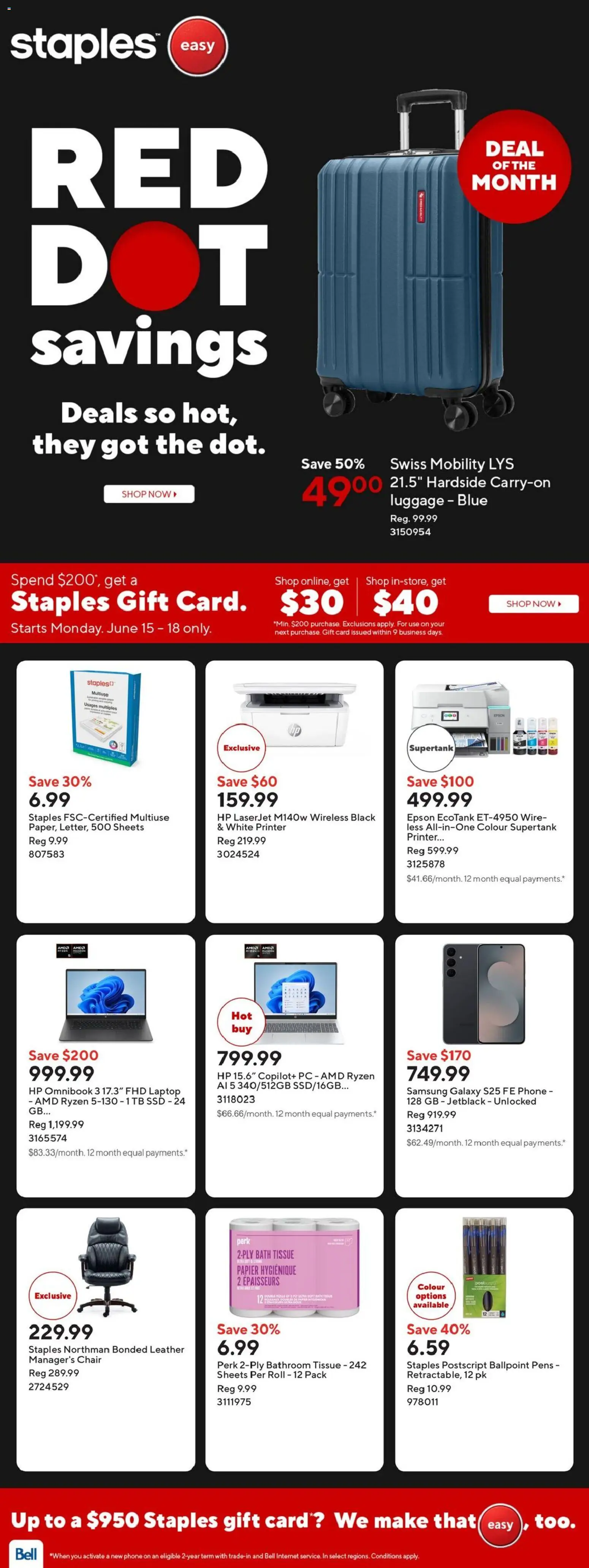 Preview of leaflet Staples weekly flyer / circulaire from shop Staples is valid from Jun 12, 2026 - Laptop, PC, Phone, Printer, Luggage, Chair, Bath
