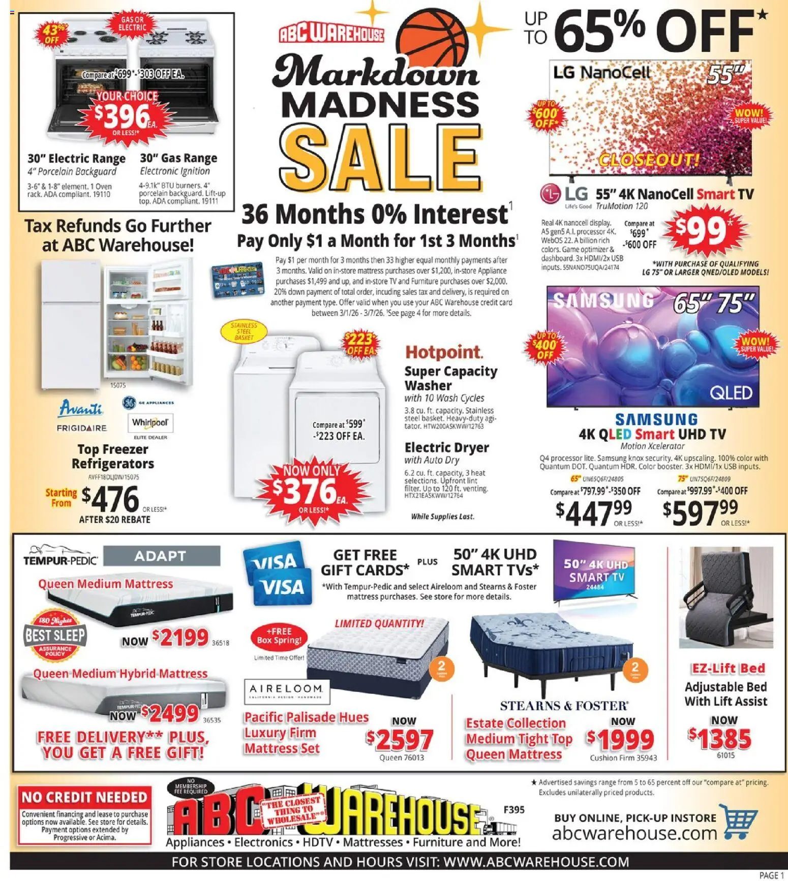 Ad Preview of ABC Warehouse ABC Warehouse Weekly Ad from 03/01/2026 - Box, Mattress, Bed, Basket, Dryer, Usb, Adjustable bed, Cushion