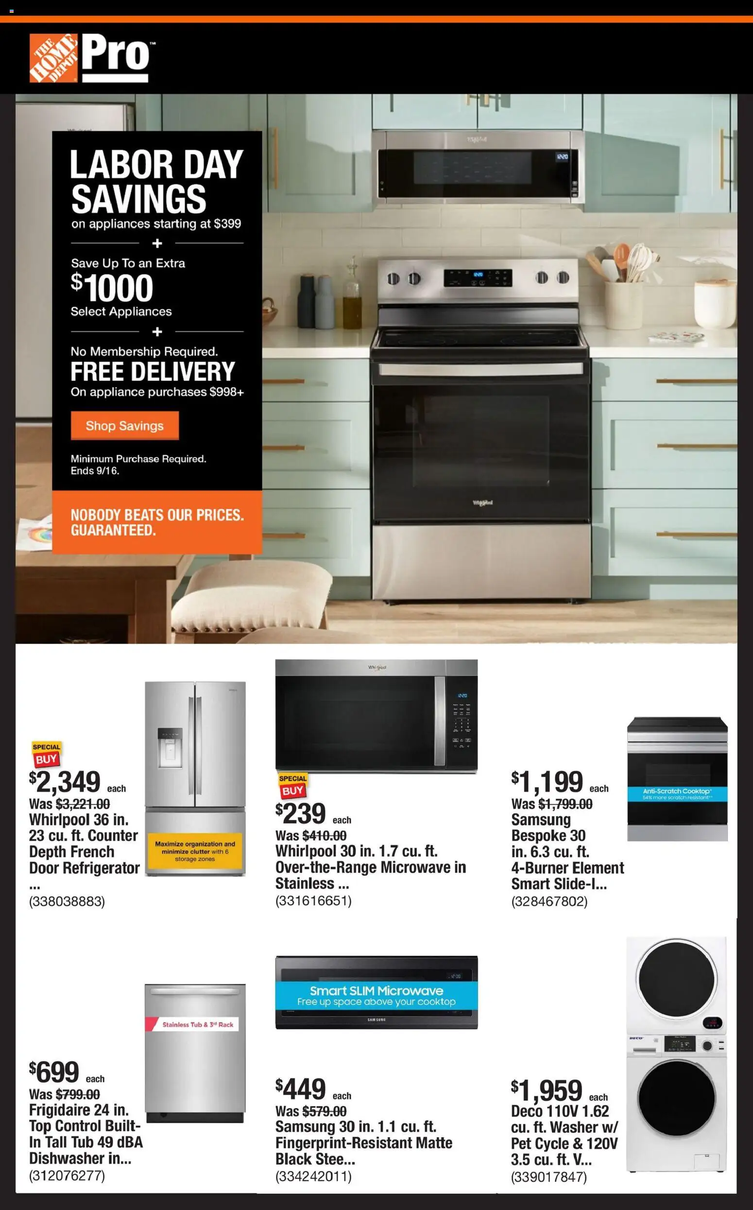 Ad Preview of Home Depot Home Depot Shop Pro Ad from 08/31/2026 - Refrigerator, Microwave, Dishwasher, Washer, Cooktop