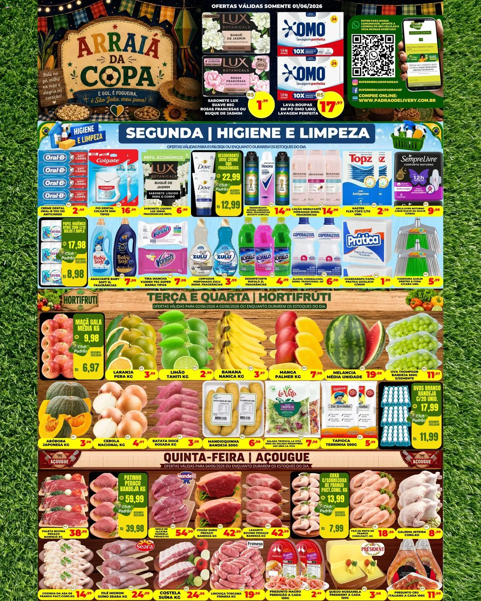 Pré-Visualização do folheto "Supermercado Padrão - Ofertas da semana" da loja Supermercado Padrão válido a partir de 01/06/2026 - Abóbora, Queijo, Mussarela, Creme, Amaciante, Filé mignon, Guardanapo, Creme dental