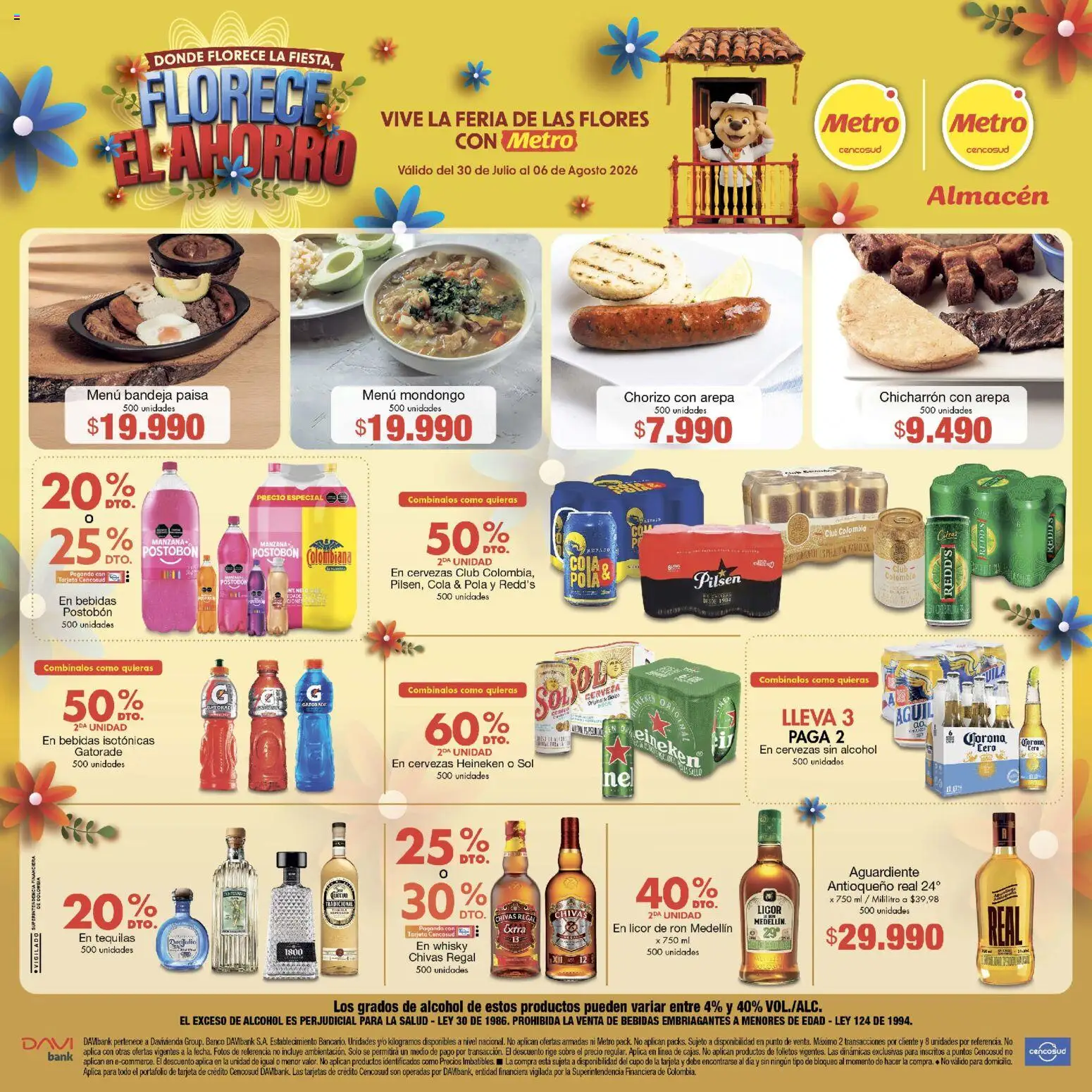  Vista previa del prospecto Metro catálogo del almacen Metro válida del 30/07/2026 al 06/08/2026 - Flores, Arepa, Manzana, Alcohol, Ron, Chorizo, Bebidas, Bandeja