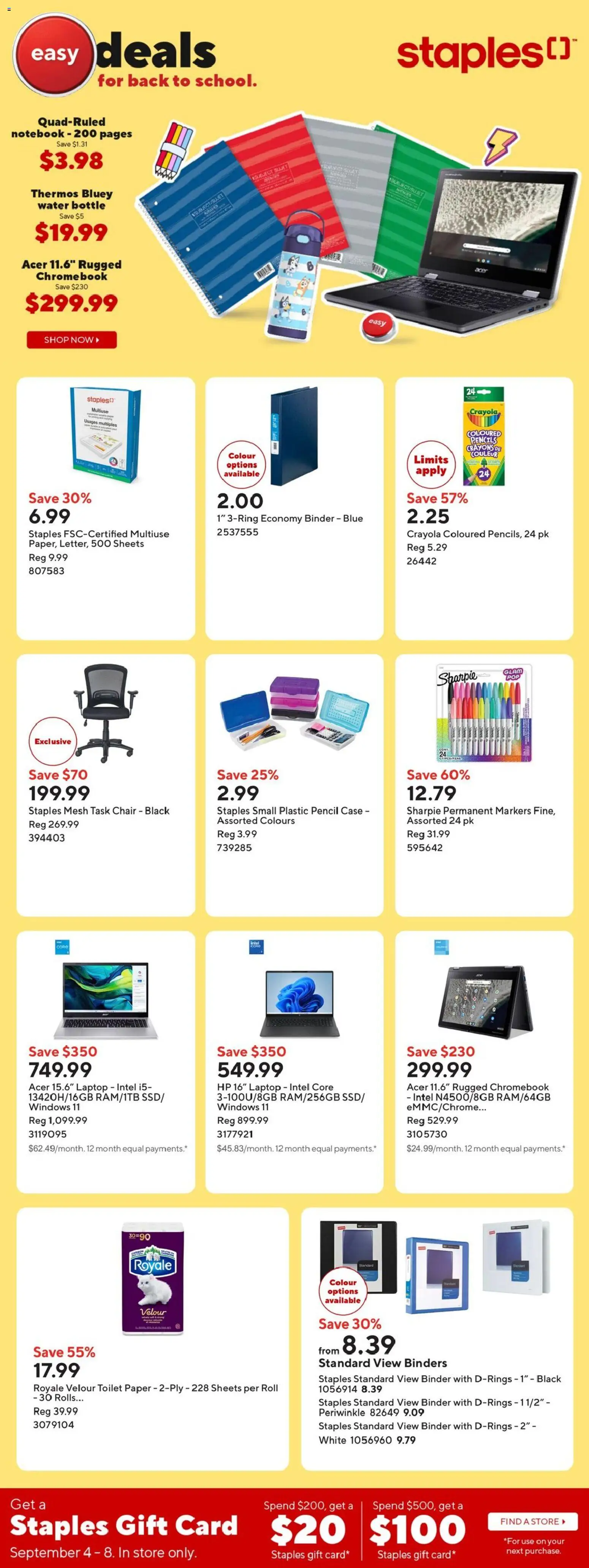 Preview of leaflet Staples weekly flyer / circulaire from shop Staples is valid from Sep 04, 2026 - Water, Laptop, Chair, Notebook, Toilet paper, Case