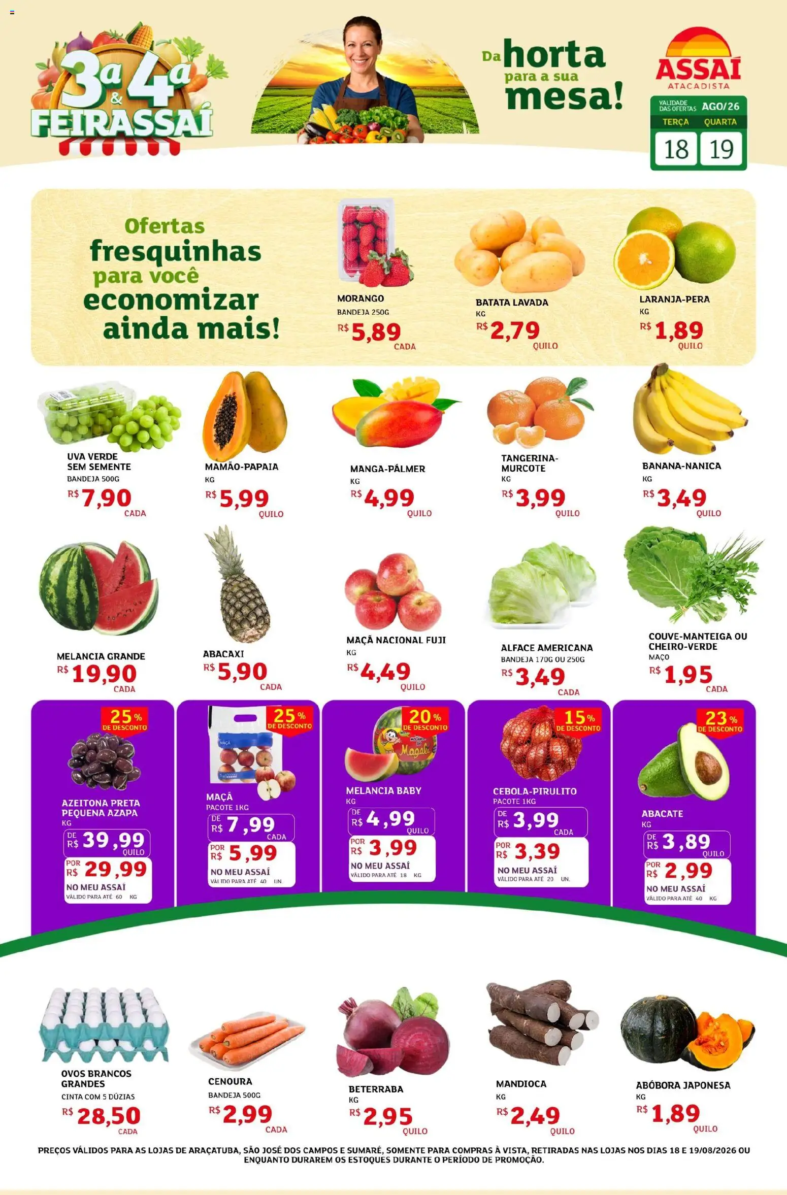 Pré-Visualização do folheto "Assaí Atacadista ofertas - SP" da loja Assaí Atacadista válido a partir de 18/08/2026 - Mesa, Melancia, Abacaxi, Abóbora, Abacate, Cenoura, Alface, Alface americana
