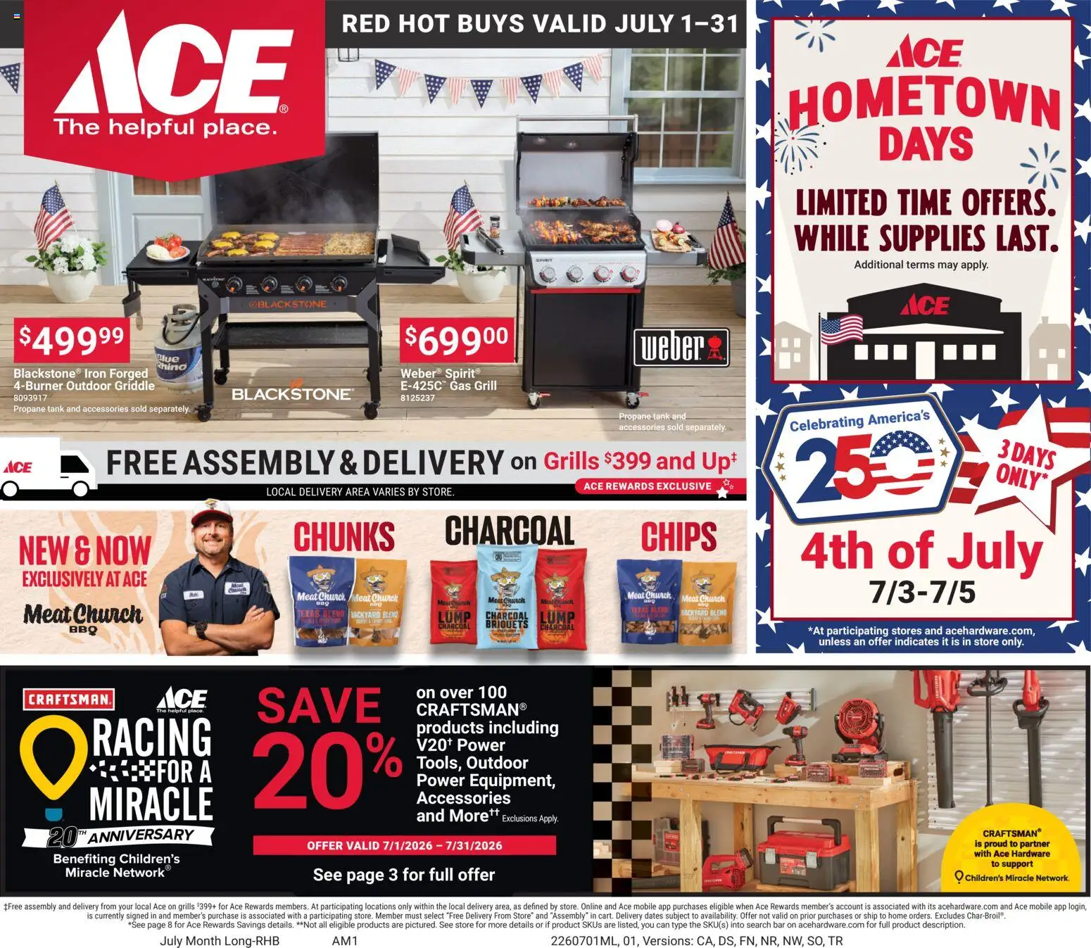 Ad Preview of ACE Hardware ACE Hardware Weekly Ad from 07/01/2026 - Chips, Grill, Meat, Iron, Charcoal, Gas grill, Griddle