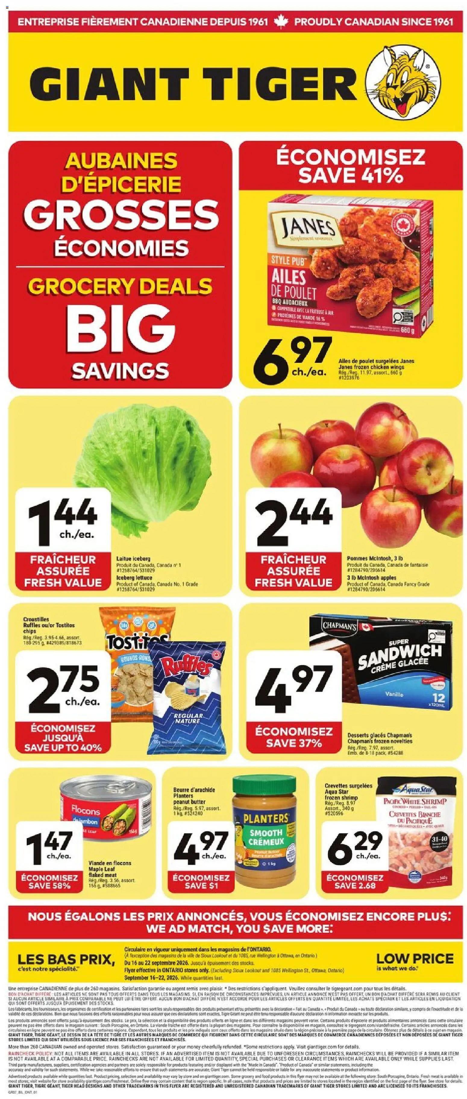 Preview of leaflet Circulaire from shop Giant Tiger is valid from Sep 16, 2026 - Desserts, Chicken wings, Meat, Shrimp, Peanut butter, Cream, Iceberg lettuce, Frozen chicken