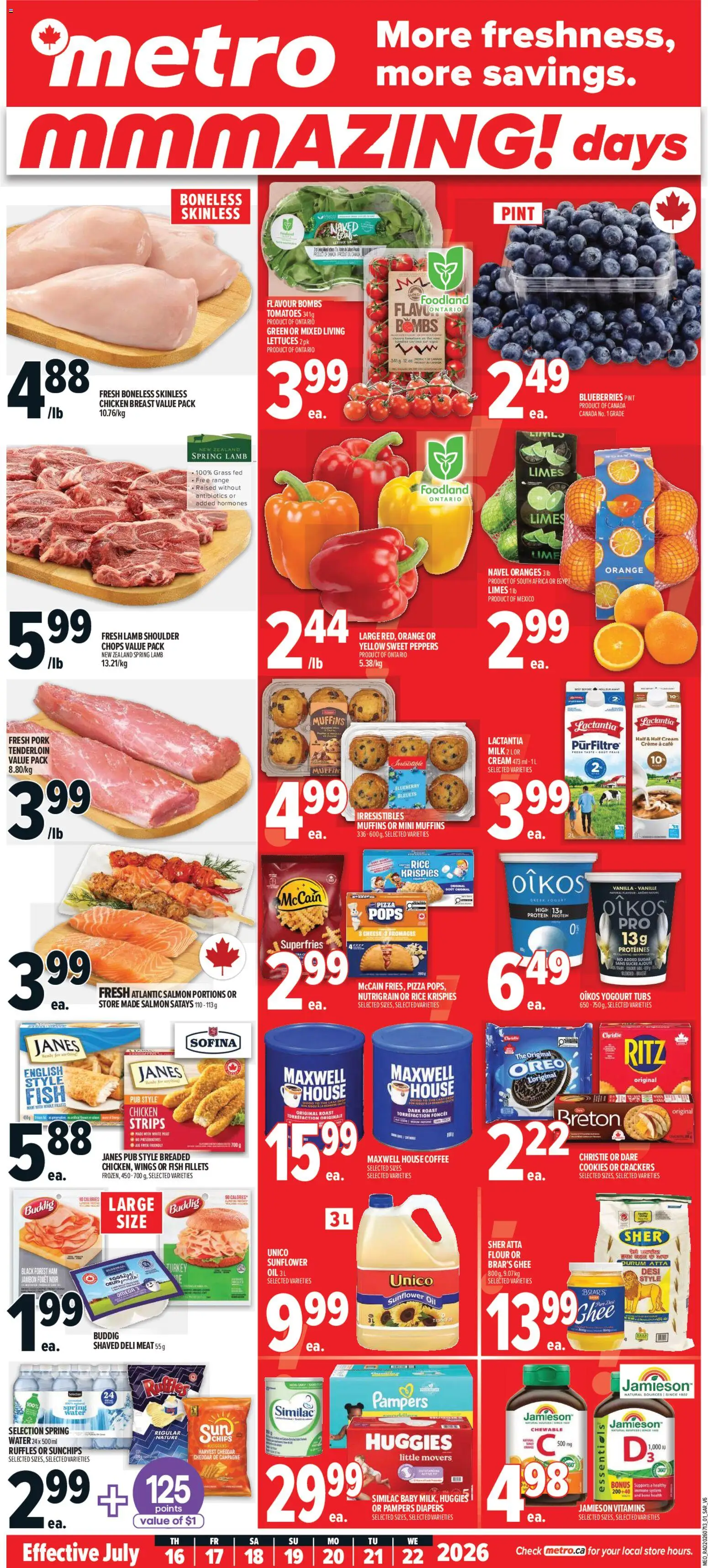Preview of leaflet Metro weekly flyer - Saint-Augustin-De-Desmaures from shop Metro is valid from Jul 16, 2026 - Cookies, Omega, Oreo, Ham, Crackers, Sunflower oil, Cheddar, Fryer