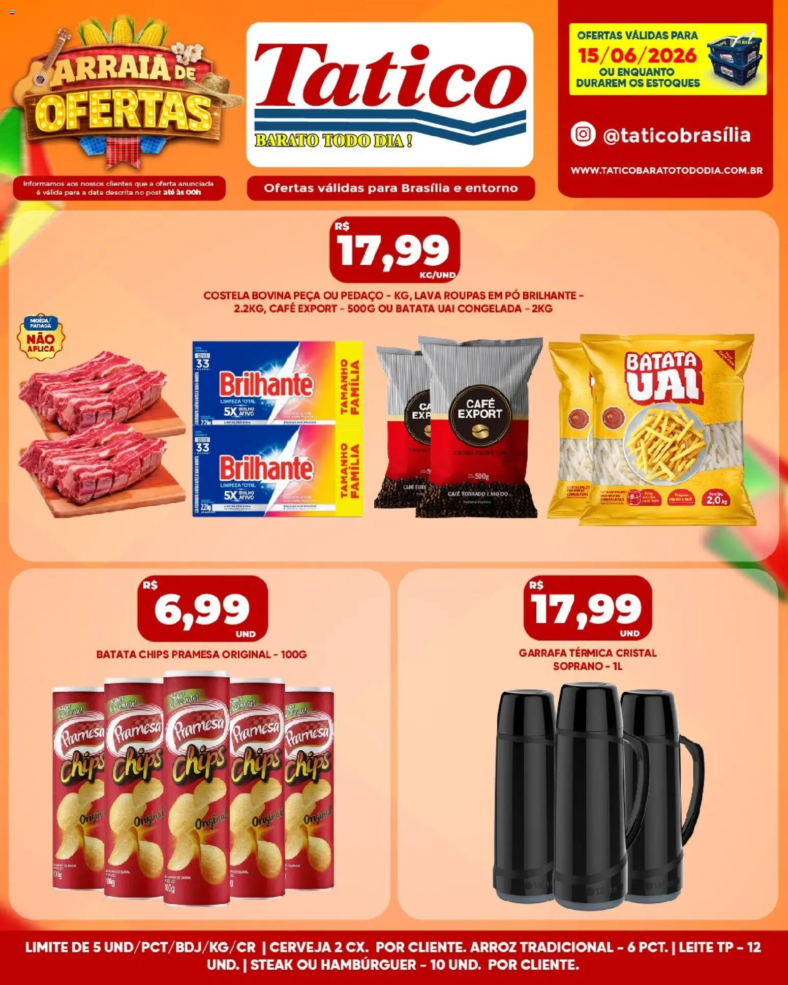 Pré-Visualização do folheto "Tatico ofertas do Dia" da loja Tatico válido a partir de 15/06/2026 - Hambúrguer, Cerveja, Roupas, Arroz, Leite, Batata, Pó, Batata chips