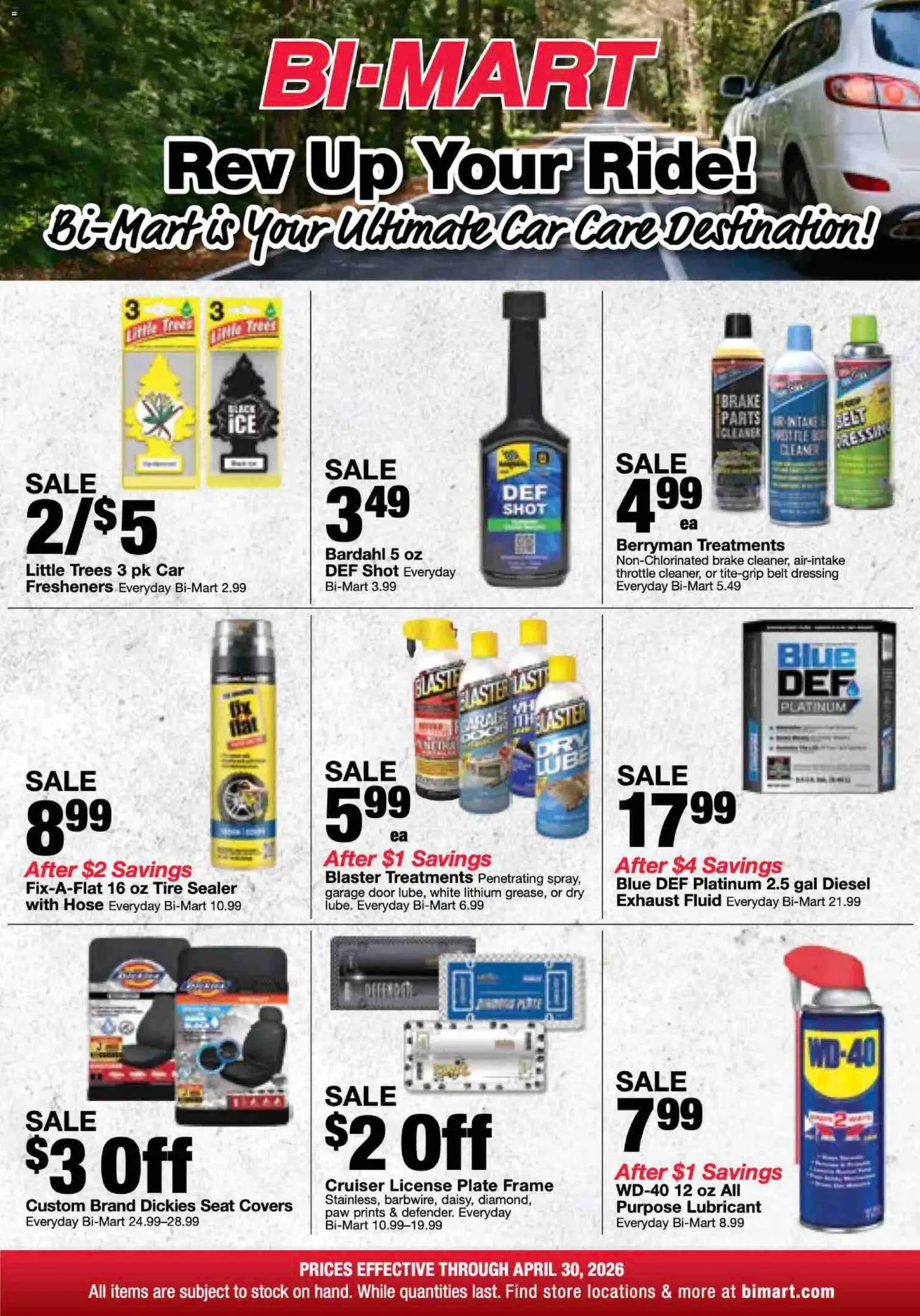 Ad Preview of Bi-Mart Bi-Mart Car Care Savings from 04/01/2026 - Tire, Dressing, Belt, Throttle