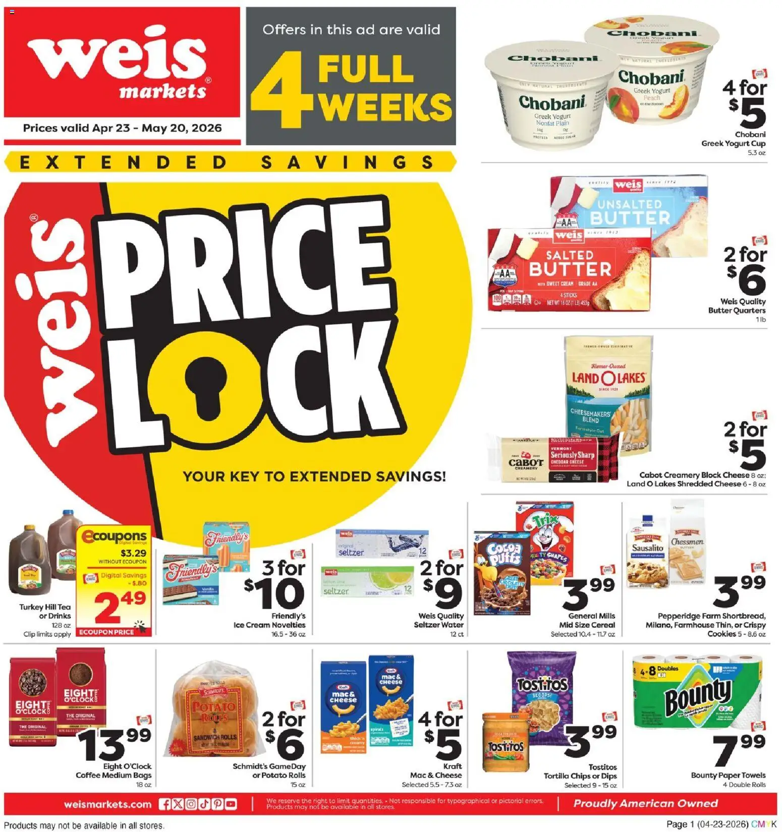 Ad Preview of Weis Weis Monthly Ad from 04/23/2026 - Coffee, Turkey, Ice, Chips, Yogurt, Cereal, Greek yogurt, Cheddar cheese
