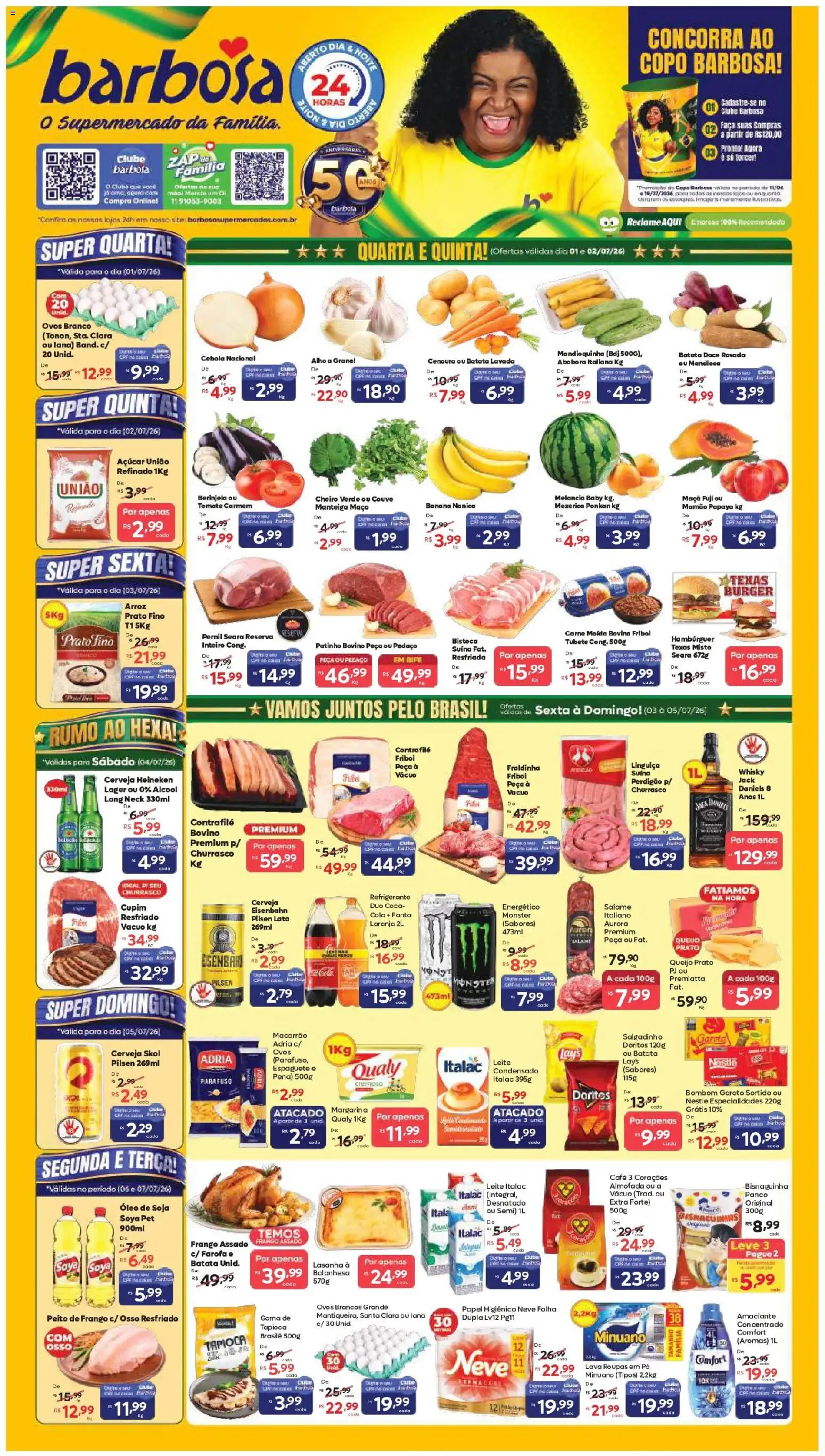 Pré-Visualização do folheto "Barbosa Supermercados ofertas Rede e Interior" da loja Barbosa Supermercados válido a partir de 01/07/2026 - Café, Arroz, Carne, Frango, Couve, Cola, Mexerica, Especialidades